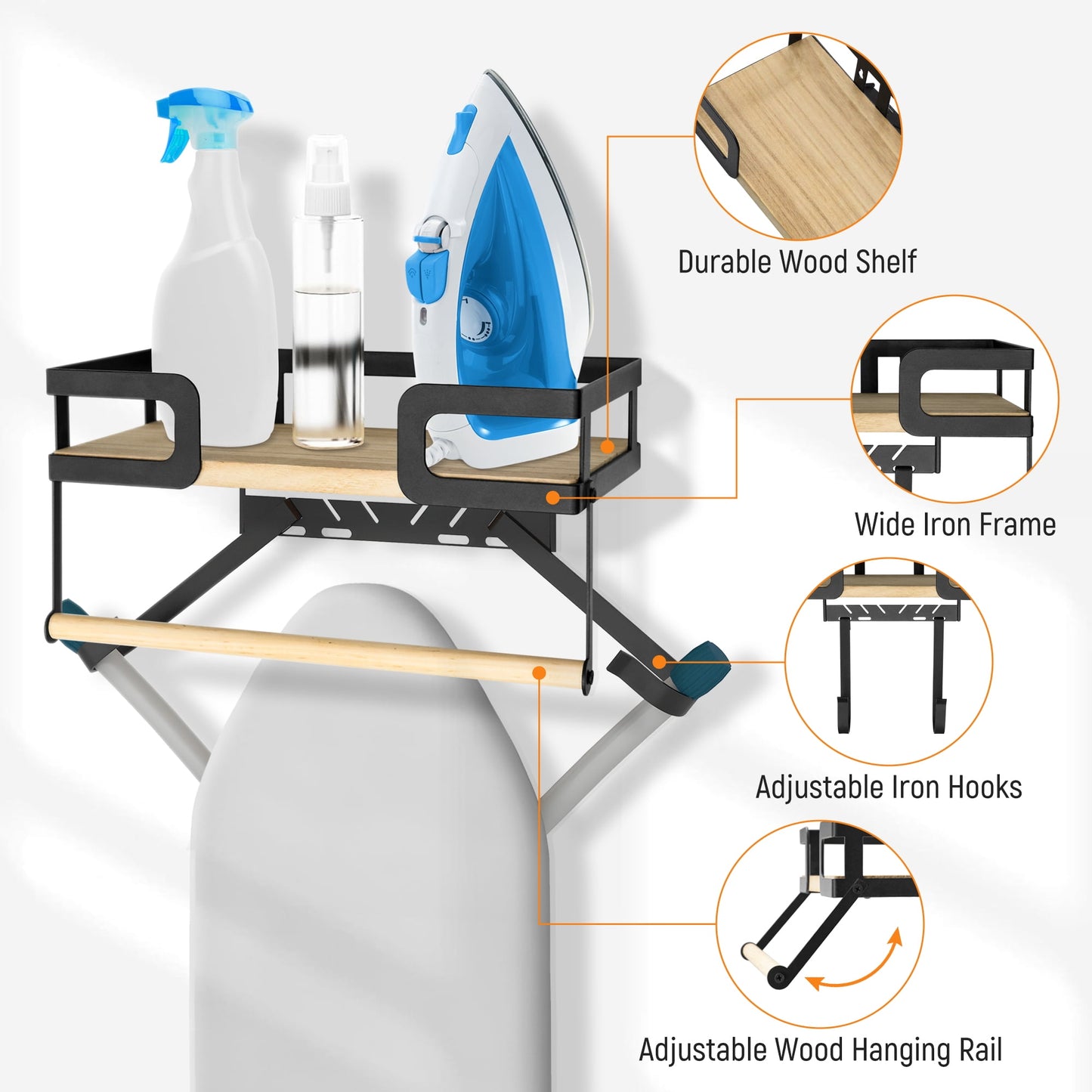 Sentryse Ironing Board Hanger, Metal Wall Mount Iron and Ironing Board Holder with Storage Shelf for Laundry Room, Black