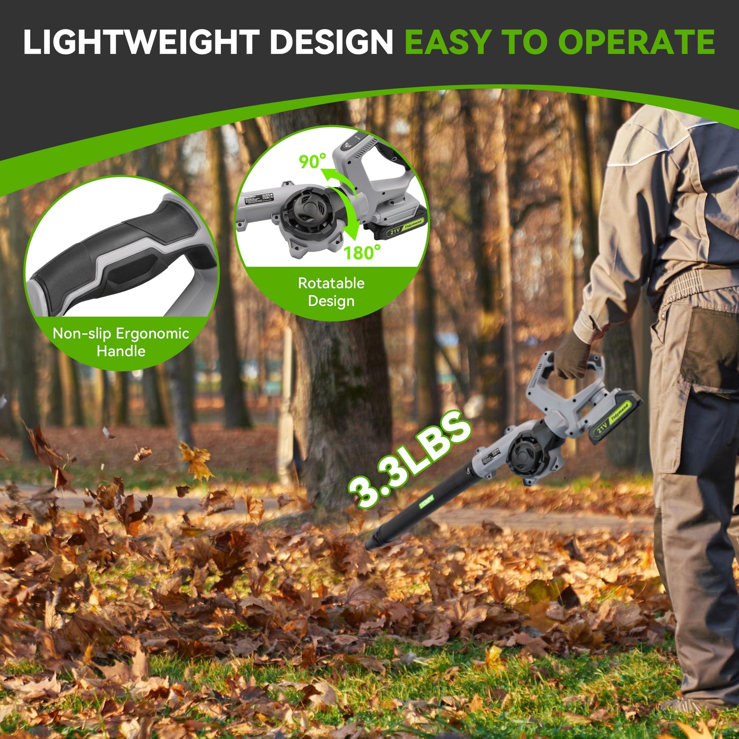 Tidymend 20V Cordless Leaf Blower with Battery and Charger,  Lightweight Electric Leaf Blower for Lawn Care, Includes 2x 2.0Ah Batteries, 3 Blowing Nozzles