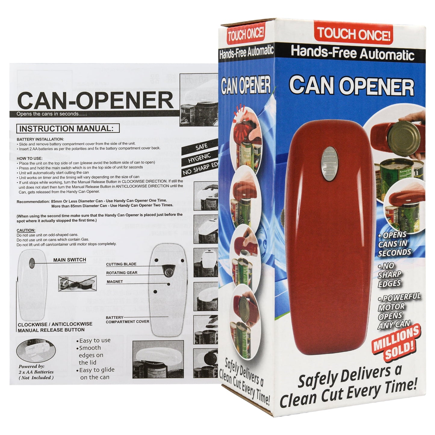 Sentryse Electric Can Opener, One-Touch, Hands-Free Automatic Can Openers for Kitchen, Smooth Edge Safe for Food Prep, Fits All Round Cans (Red)