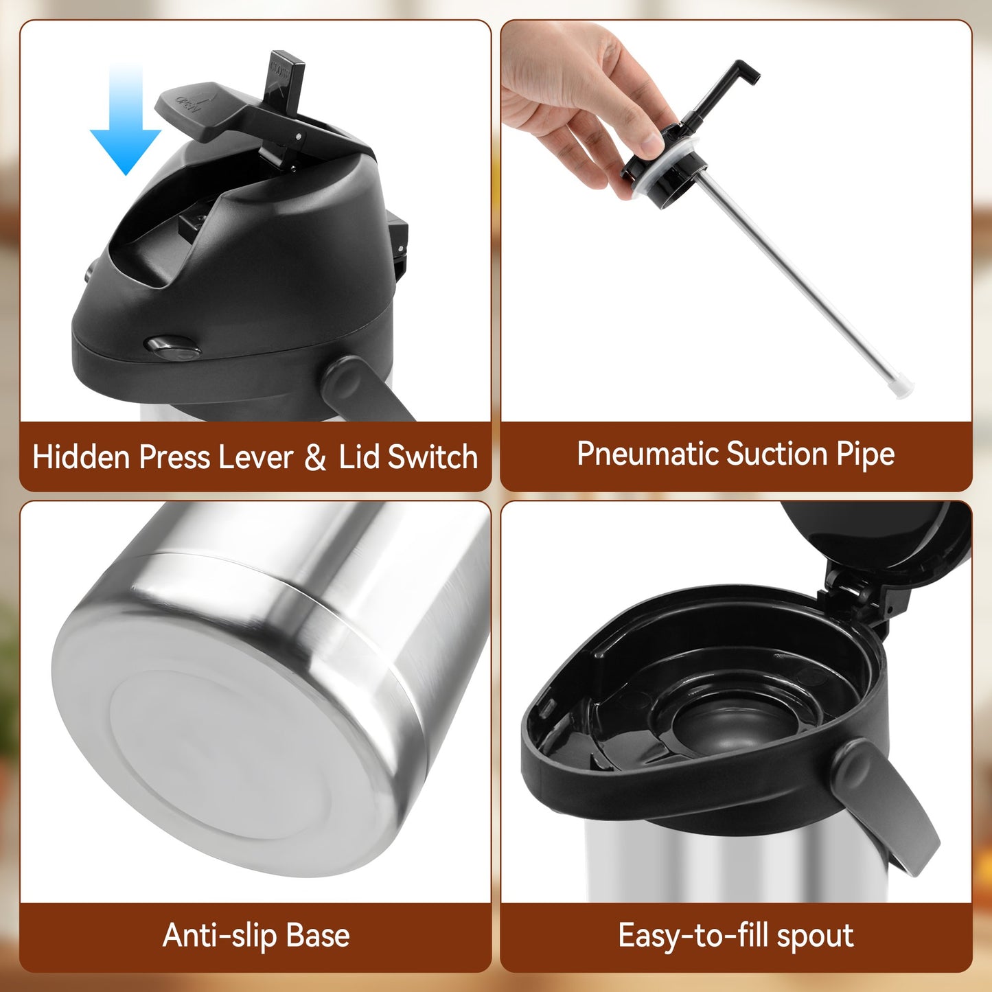 65oz Thermal Airpot Carafe with Pump, Stainless Steel Vacuum Insulated Coffee Dispenser for Hot and Cold Beverage (Silver）