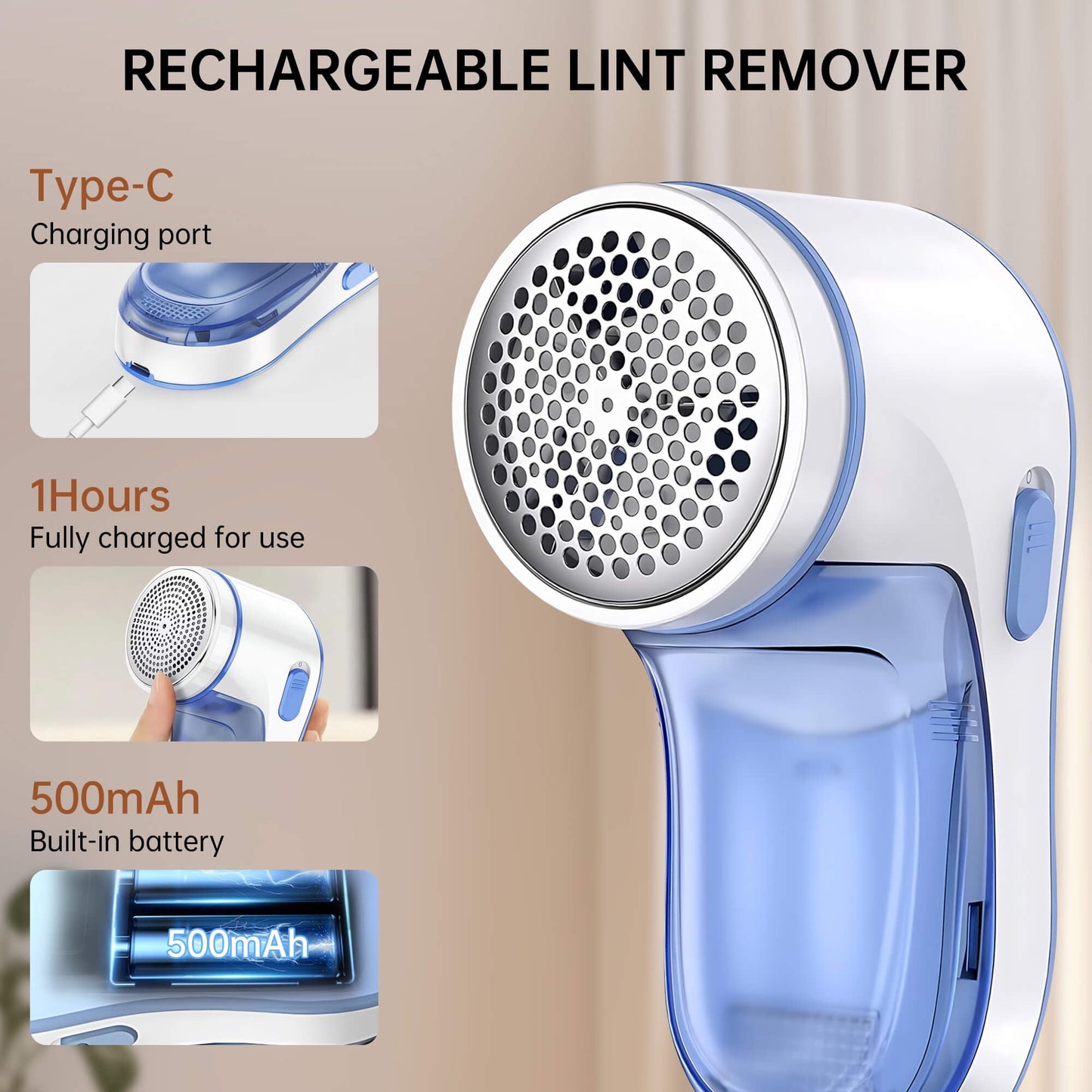 Sentryse Fabric Shaver, Lint Remover Rechargeable, Electric Portable Sweater Defuzzer with 2 Spare Blades, Blue