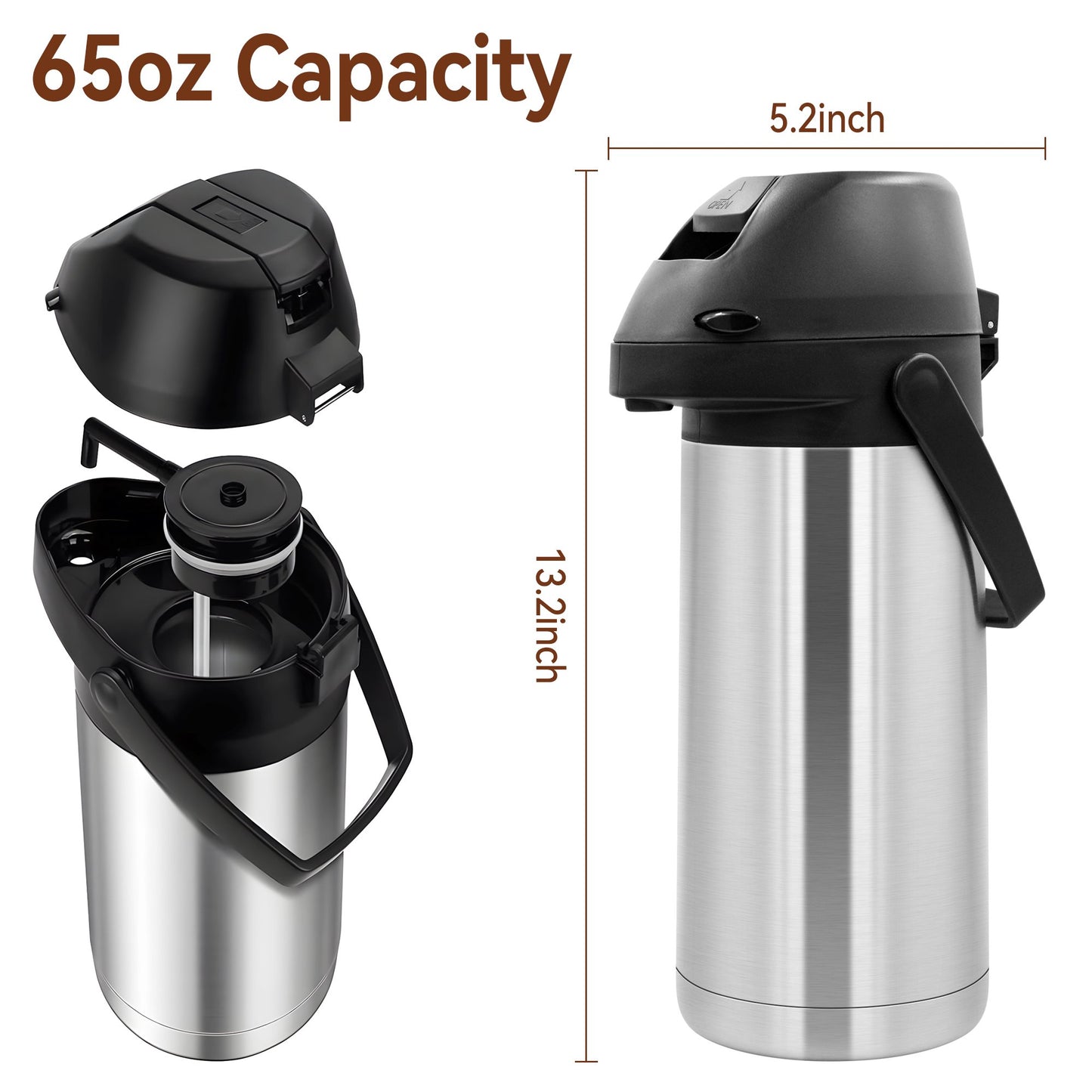 65oz Thermal Airpot Carafe with Pump, Stainless Steel Vacuum Insulated Coffee Dispenser for Hot and Cold Beverage (Silver）