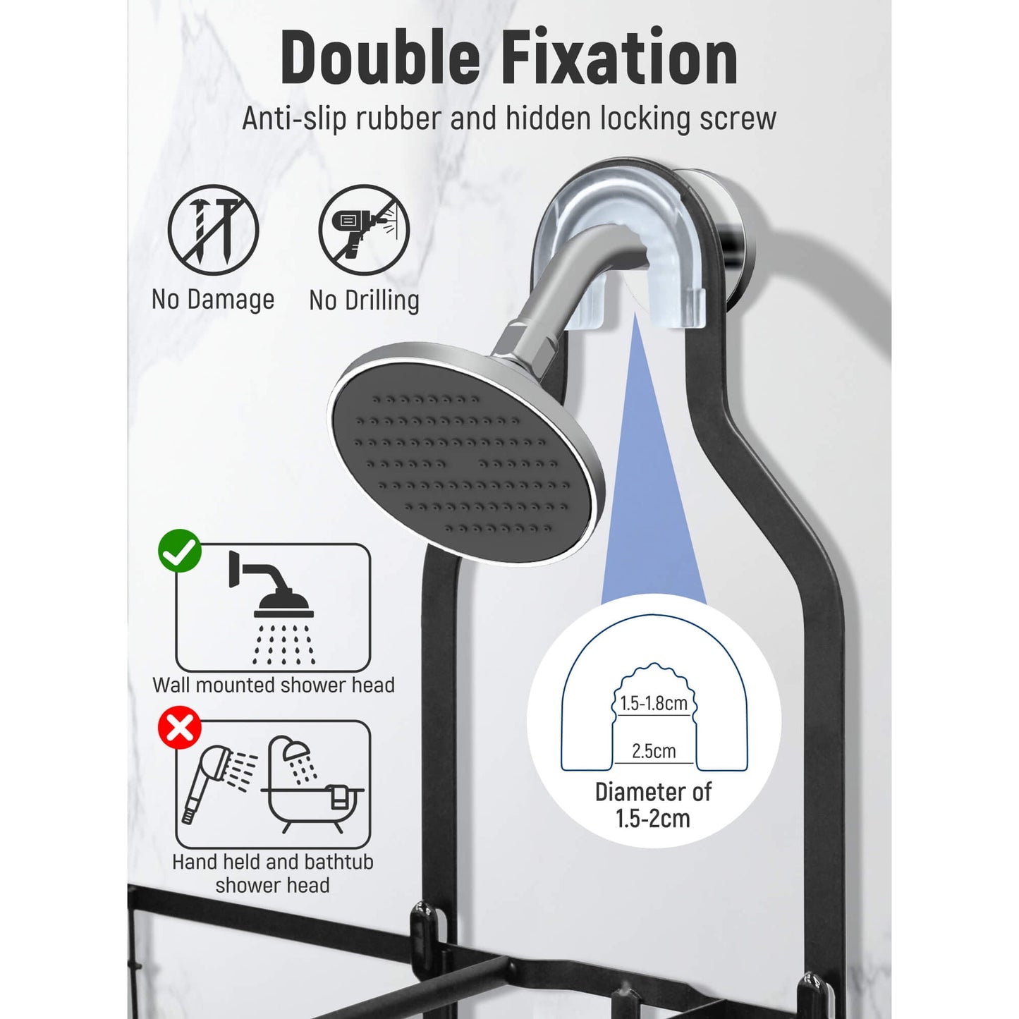 Sentryse Shower Caddy Hanging, Never Rust Shower Organizer, Over The Head Caddy with Hooks, Soap Holder, Toothbrush Holder, Razor Holder, No Drilling, Black