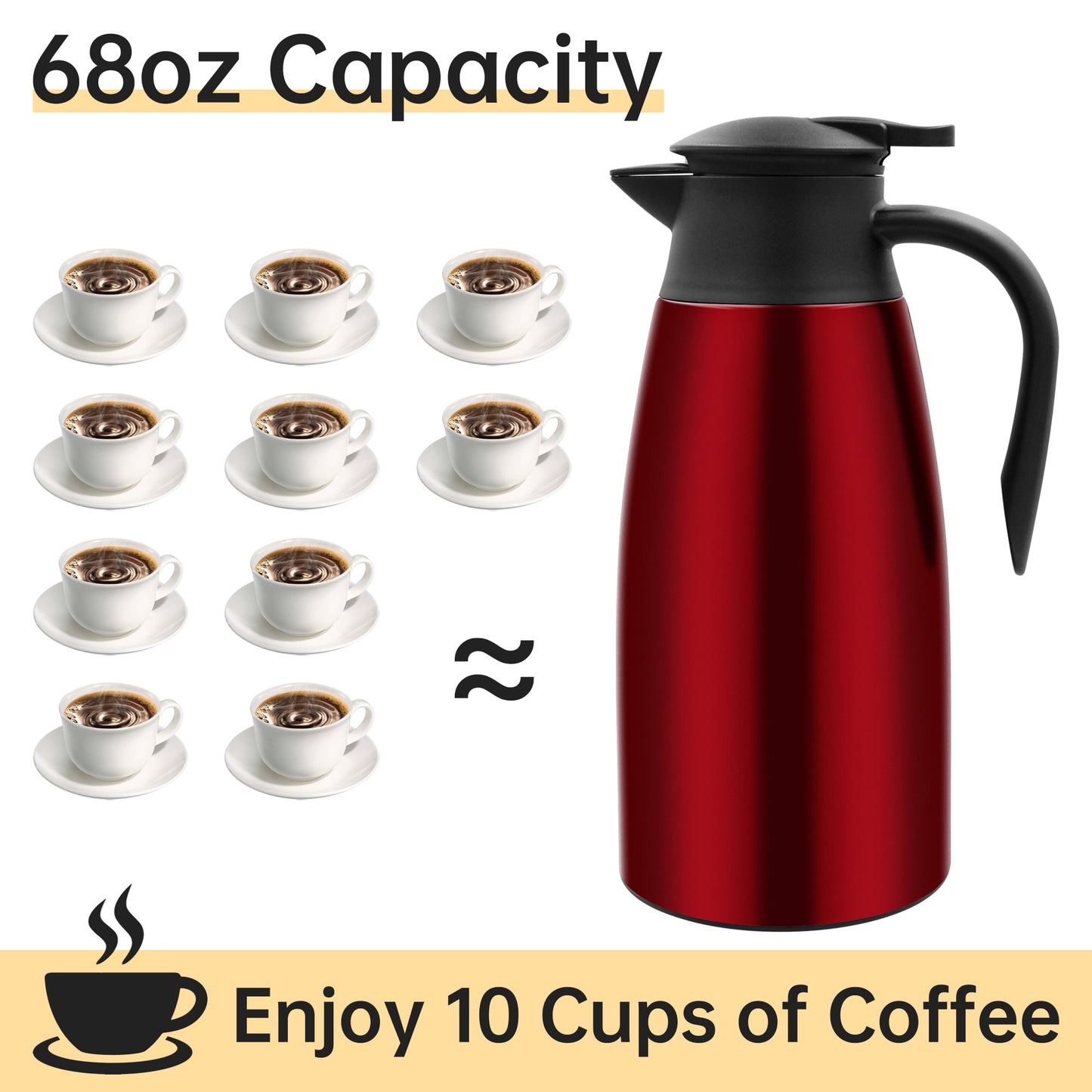 68oz Thermal Coffee Carafe, Stainless Steel Vacuum Insulated Coffee Thermos for Hot and Cold Beverage (Red）