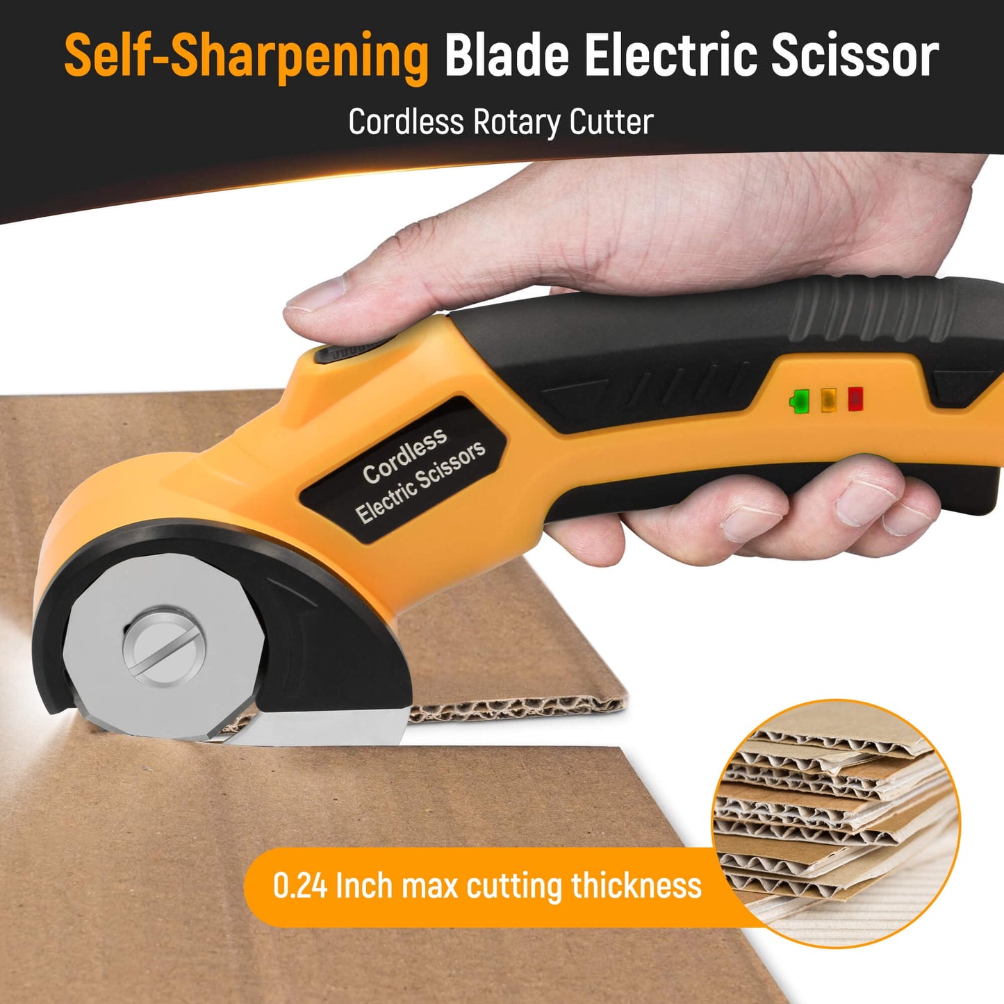 Cordless Electric Scissors, 4V Rechargeable Cardboard Cutter with LED Light ＆ Replacement Blade, Rotary Cutter with Safety Lock for Fabric Carpet Leather Plastic Cutting (Yellow)