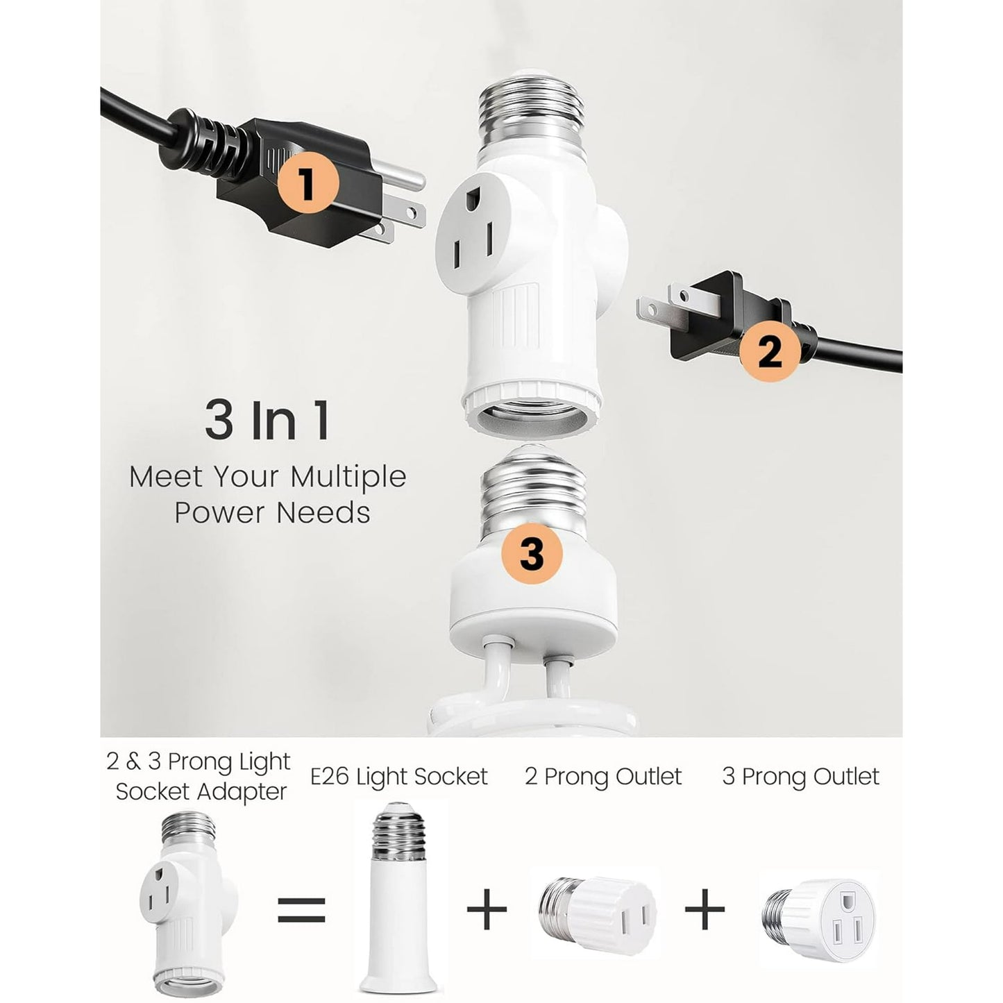 Sentryse 3 Prong E26 Light Socket to Plug Adapter, Heat Resistant Light Socket 2/3 Prong Outlet Light Bulb Plug Splitter Converter for Garage Porch, 2 Pack
