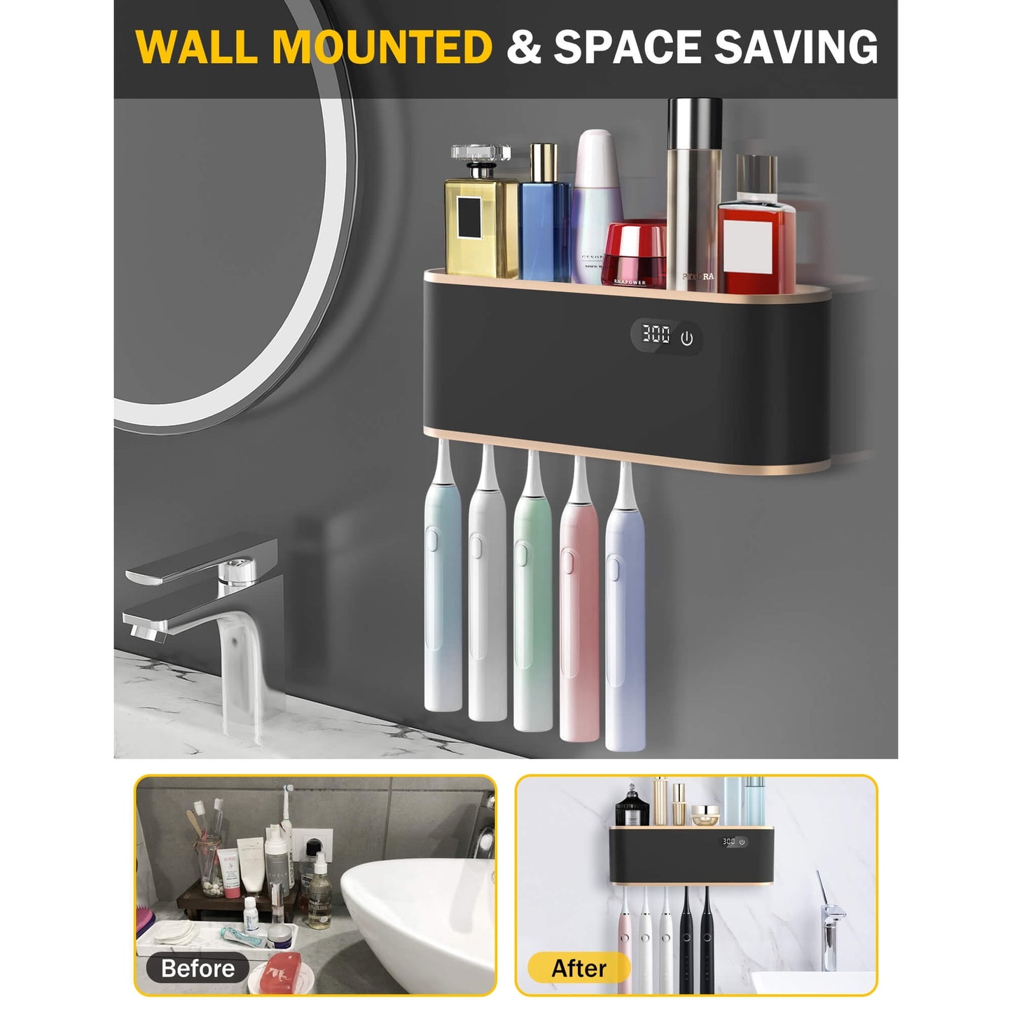 Sentryse Toothbrush Holders, UV Toothbrush Sanitizer and Holder, 5 Cups Electric Tooth Brush Holder Wall Mounted, Black