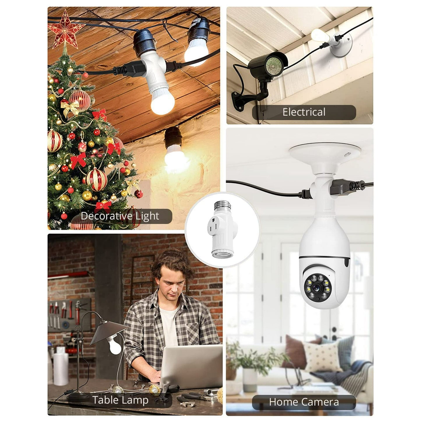 Sentryse 3 Prong E26 Light Socket to Plug Adapter, Heat Resistant Light Socket 2/3 Prong Outlet Light Bulb Plug Splitter Converter for Garage Porch, 2 Pack