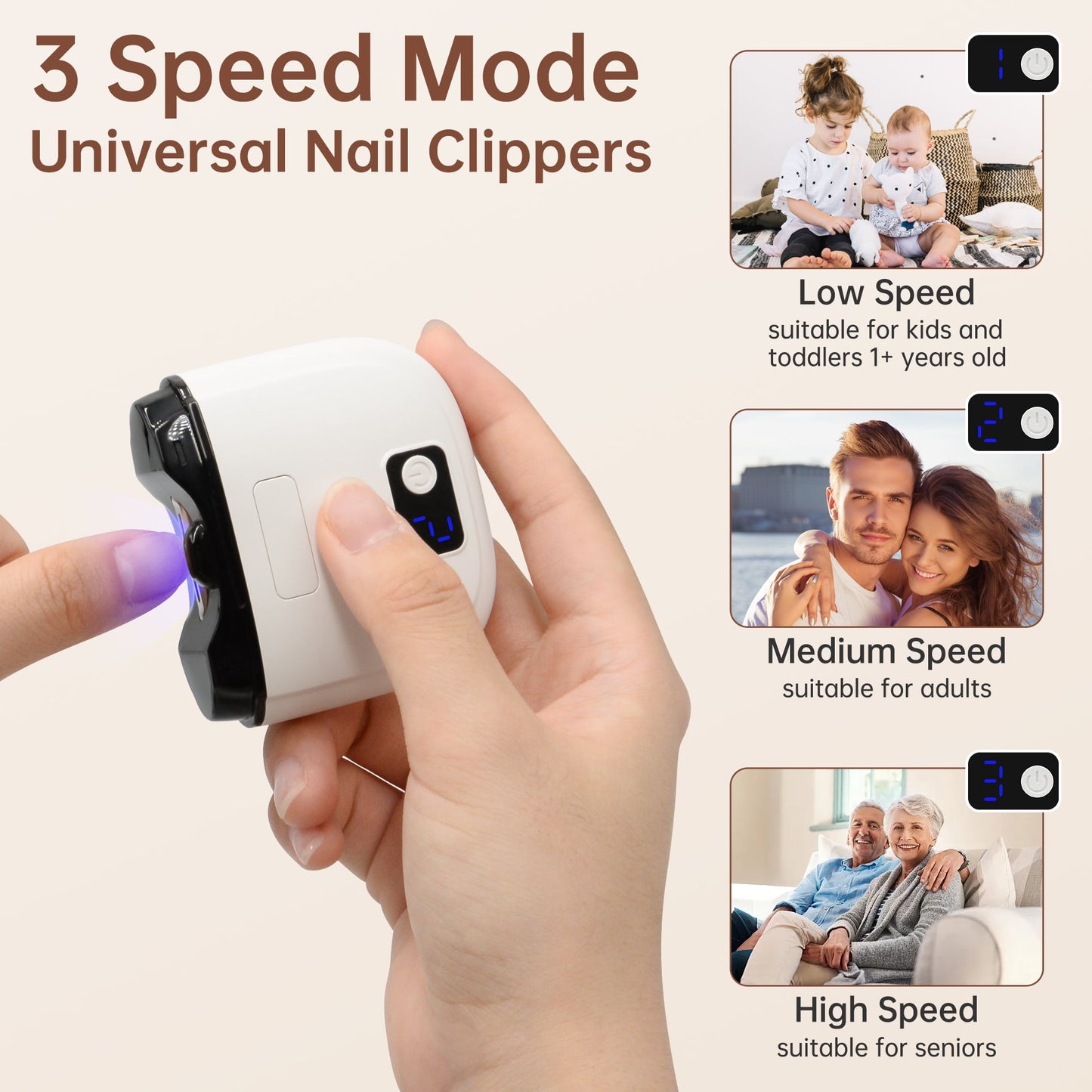 Electric Nail Clipper with Clippings Catcher - 3-Speed Automatic Trimmer, LED Light, Safe for Adults, Kids & Seniors (White)