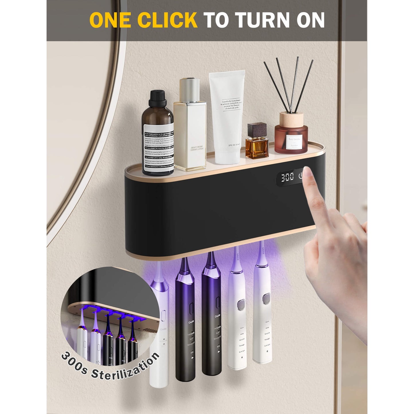 Sentryse Toothbrush Holders, UV Toothbrush Sanitizer and Holder, 5 Cups Electric Tooth Brush Holder Wall Mounted, Black