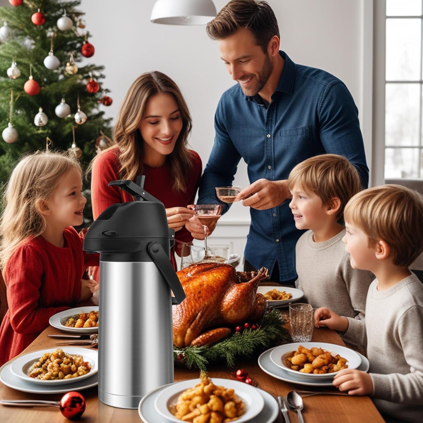 65oz Thermal Airpot Carafe with Pump, Stainless Steel Vacuum Insulated Coffee Dispenser for Hot and Cold Beverage (Silver）