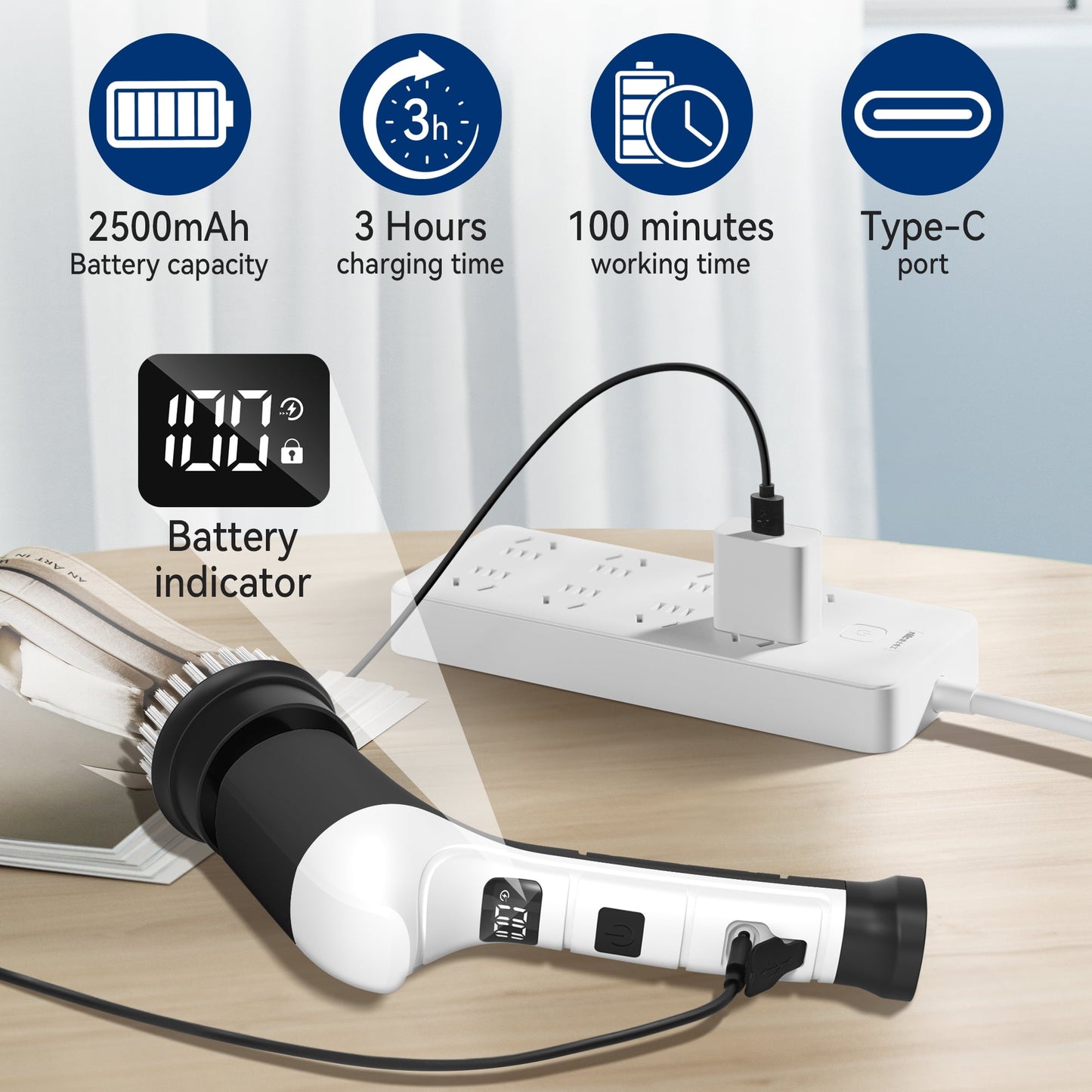 Electric Spin Scrubber, Extension Handle, 3 Speed Mode Power Electric Scrubber for Cleaning, Cordless Shower Cleaning Brush with 8 Brush Heads for Bathroom,Tub,Floor,Tile(Black-White)