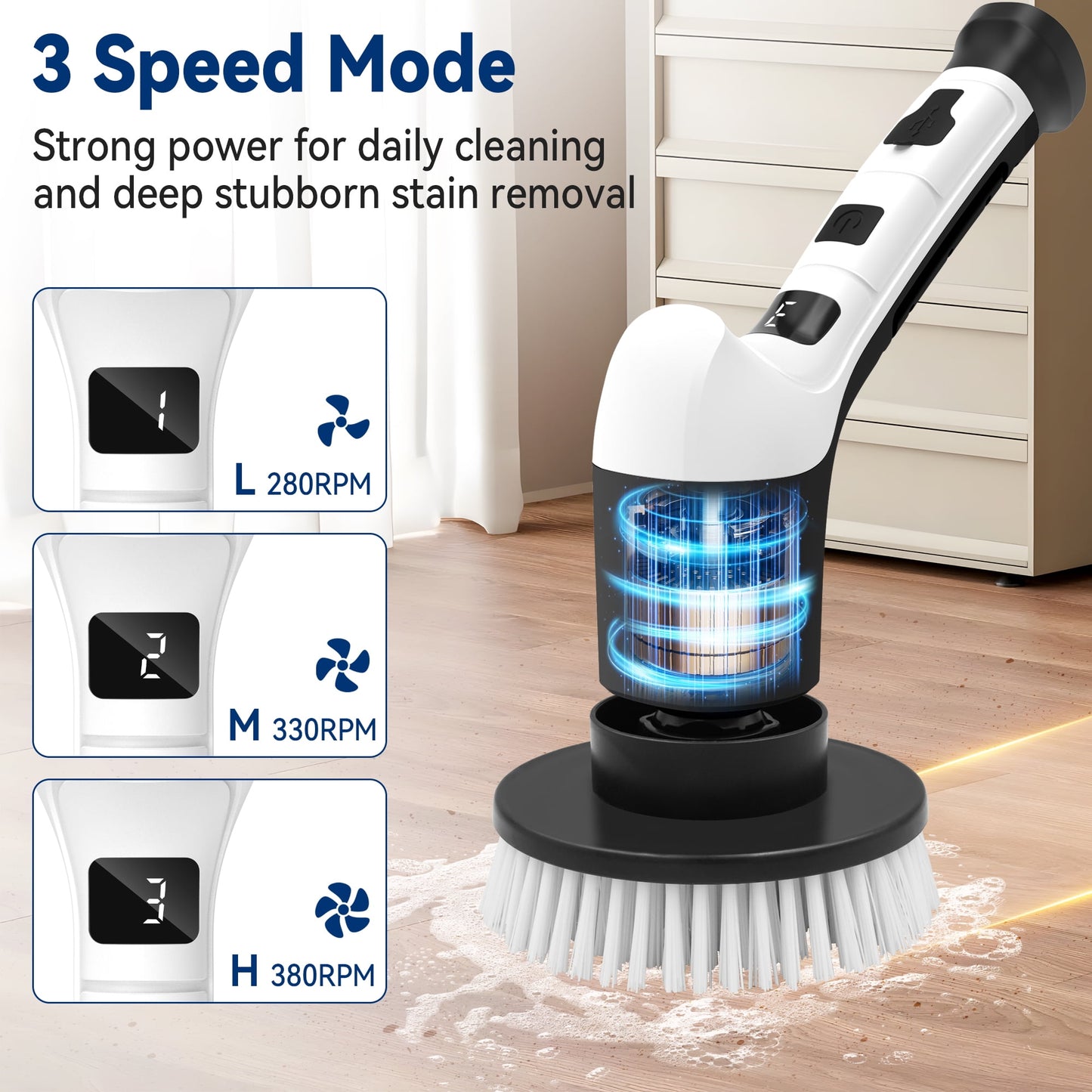 Electric Spin Scrubber, Extension Handle, 3 Speed Mode Power Electric Scrubber for Cleaning, Cordless Shower Cleaning Brush with 8 Brush Heads for Bathroom,Tub,Floor,Tile(Black-White)