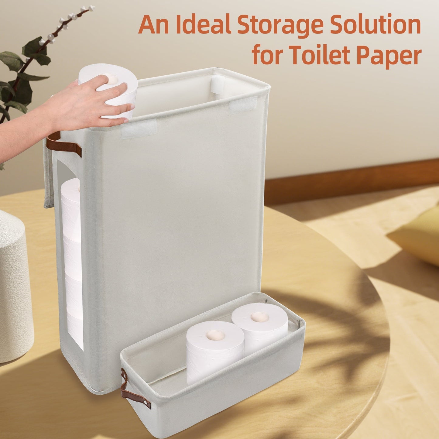 2-Piece Set Toilet Paper Storage Basket with Wheels, Extra Large Free Standing Paper Roll Basket for Home, Toilet Paper Containers for up to 20+ Regular Rolls (Beige)