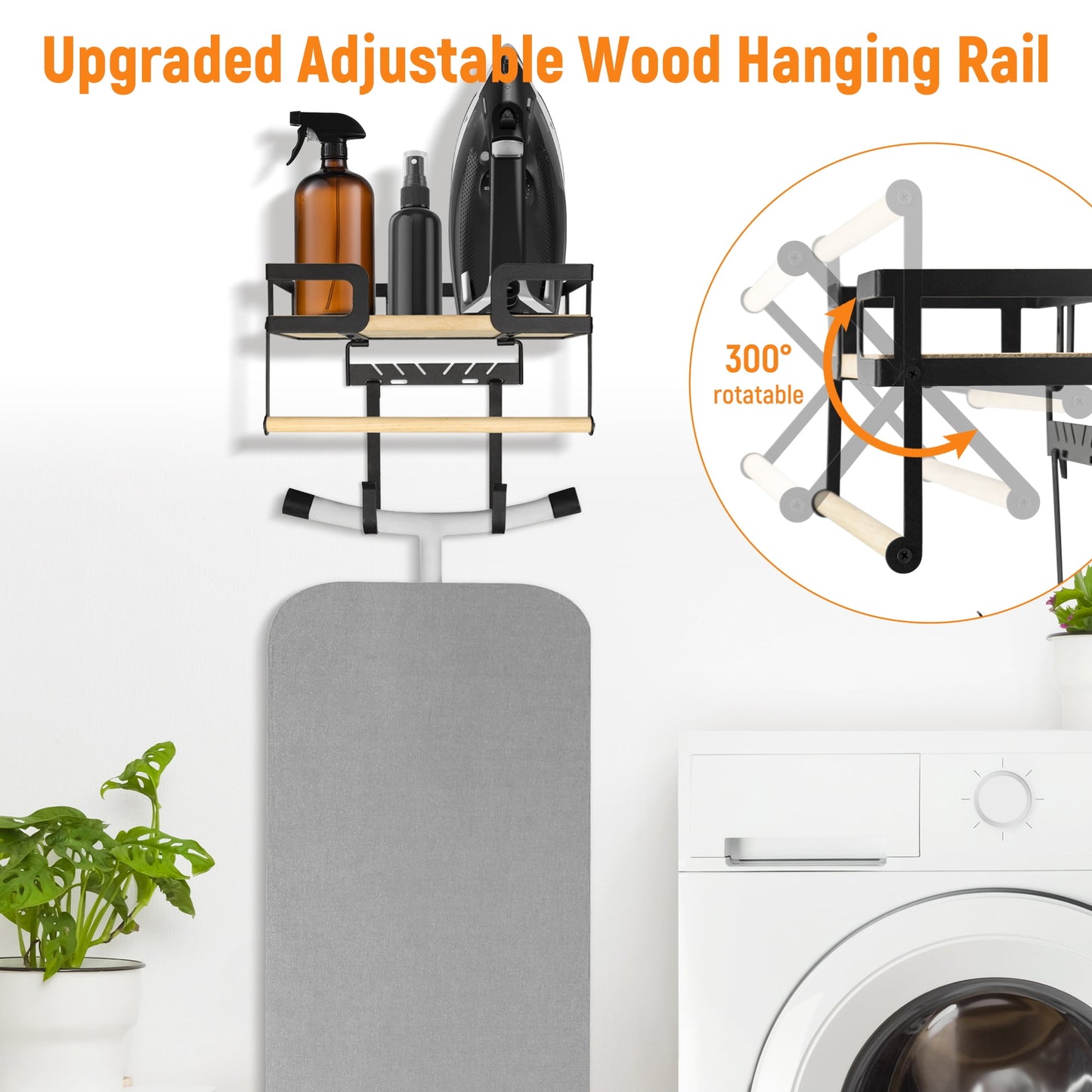 Sentryse Ironing Board Hanger, Metal Wall Mount Iron and Ironing Board Holder with Storage Shelf for Laundry Room, Black