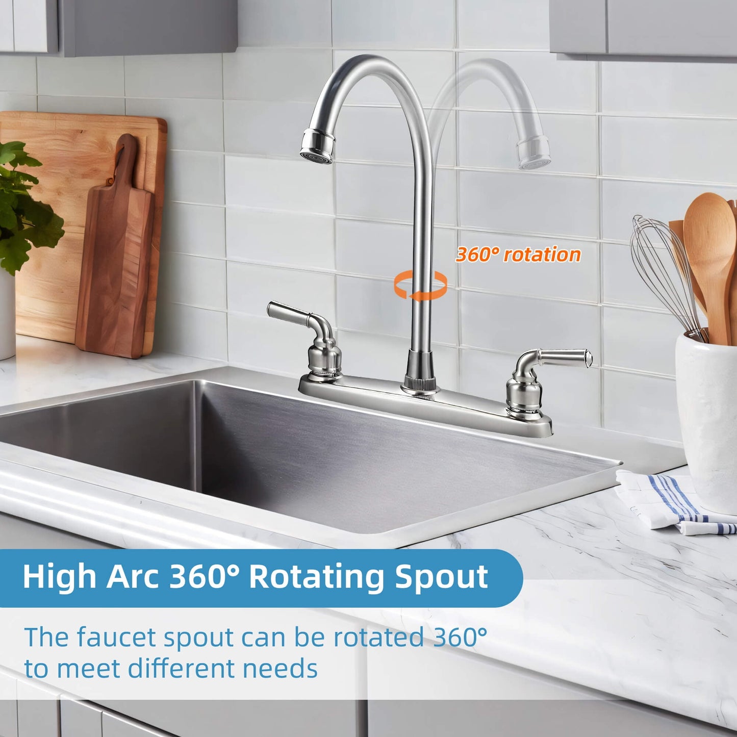 Sentryse 2 Handle Kitchen Sink Faucet, High Arc 360 Swivel Stainless Steel Pipe 3 Hole Kitchen Faucet for RV Laundry Farmhouse Bar Sink, Silver