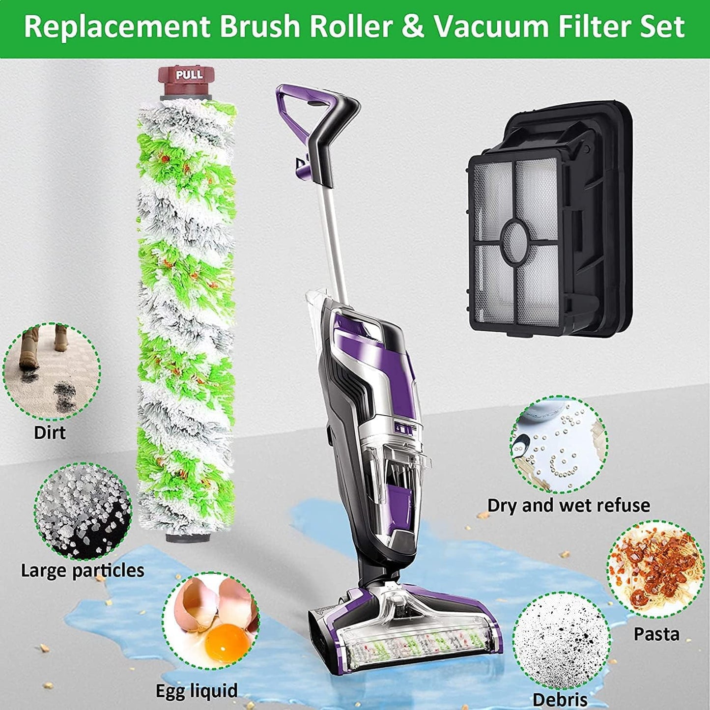 Replacement Parts for Bissell CrossWave Vacuum Cleaner, Roller Brushes Filters Kit, 4 Pack