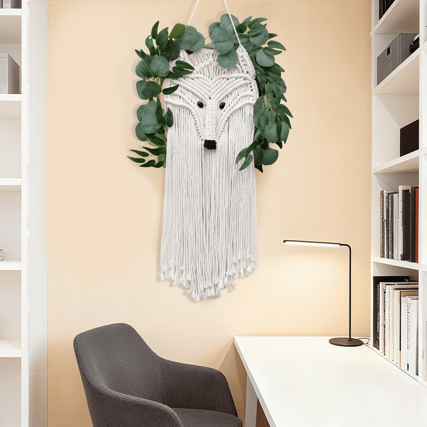 Bohemian Macrame Fox Wall Hanging - 100% Cotton Hand-Woven Tapestry with Leaf Accents, Perfect for Bedroom, Living Room, Hallway & Gallery Decor, 31×15 Inch, White