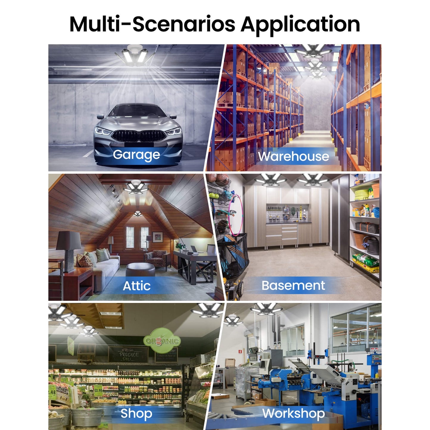 Sentryse LED Garage Lights Bulb 2 Pack, 6500K Led Shop Light with 6 Deformable Panels, Basement Barn Ceiling Lights, E26/E27 for Warehouse