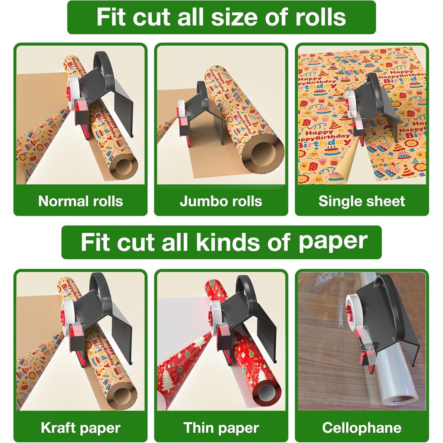 Sentryse (2-Pack) Wrapping Paper Cutter & Tape Dispenser Dual Use with 4 Tapes, 2 Replace Blades Kit, Gift Wrap Cutter Tool Paper Roll Holder Tube Sliding Slicing for Birthday Holiday