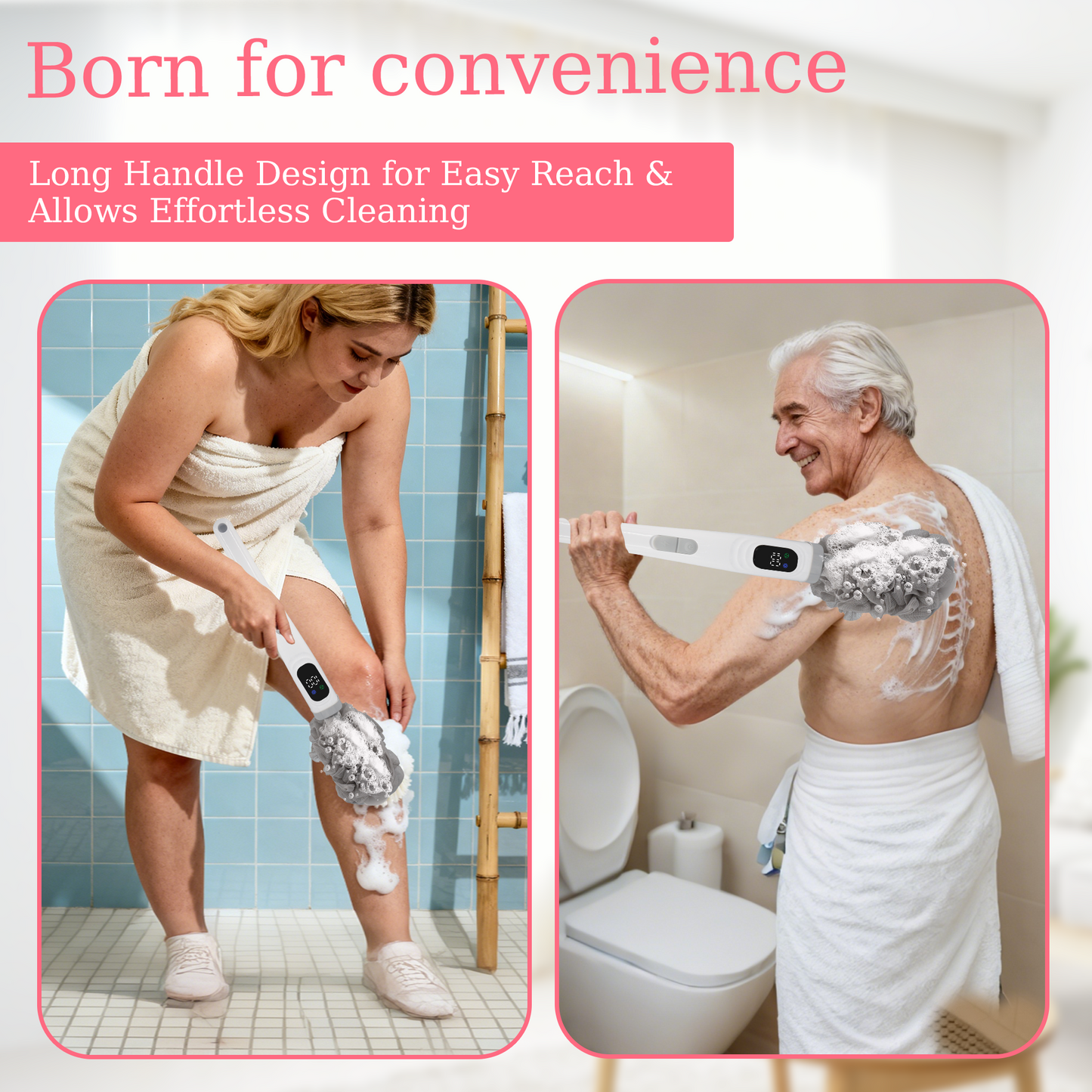 Sentryse Electric Back Scrubber for Shower, 3 in 1 Body Scrubber Loofah & African Net Sponge & Callus Remover, Long Handle & Waterproof Body Brush for Cleansing, Exfoliating