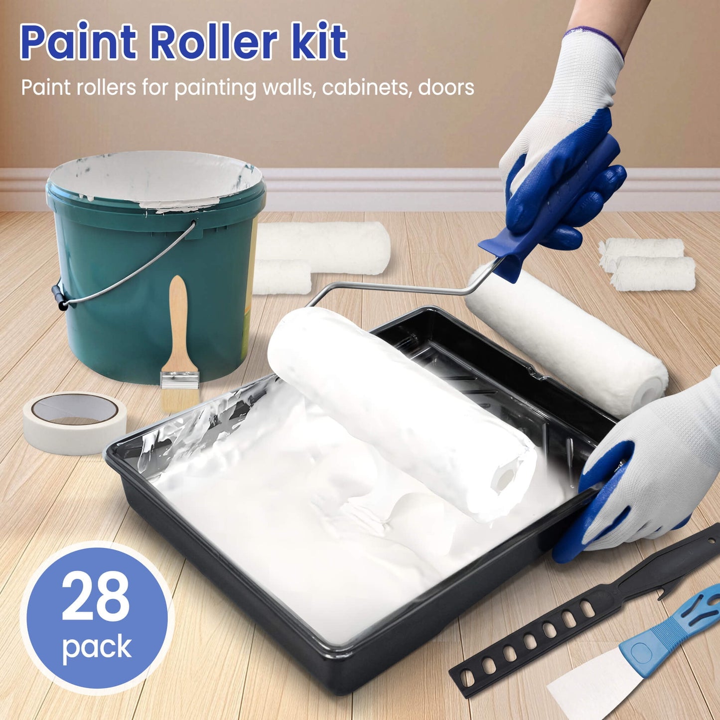 Tidymend Paint Roller Kit, 28 Pcs Paint Rollers with Extension Pole, Roller Paint Brush for Painting Walls