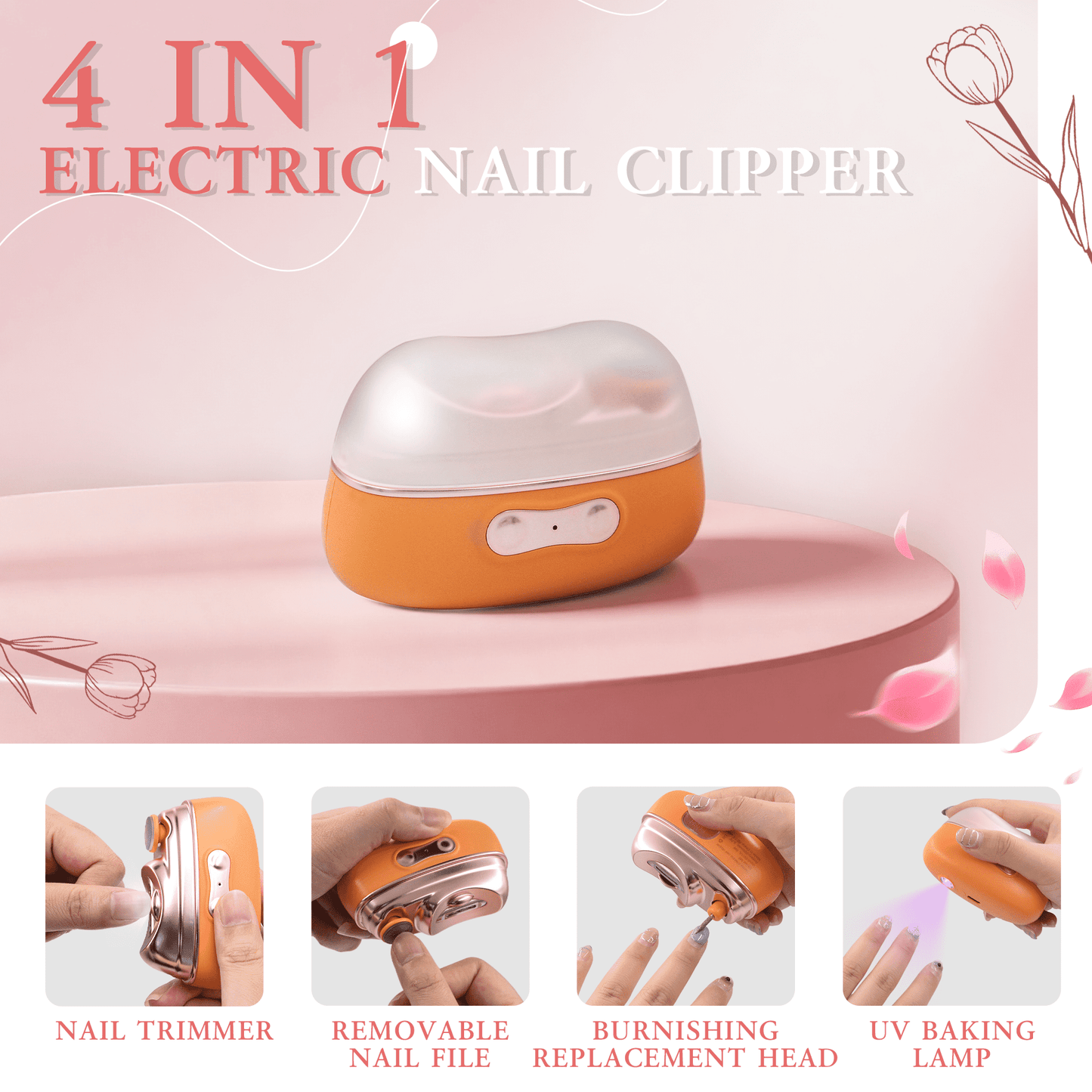 4 in 1 Electric Nail Clipper with Nail Lamp, LED Light, 2-Speed Automatic Trimmer with Clippings Catcher, Safe for Adults, Kids & Seniors (Orange)