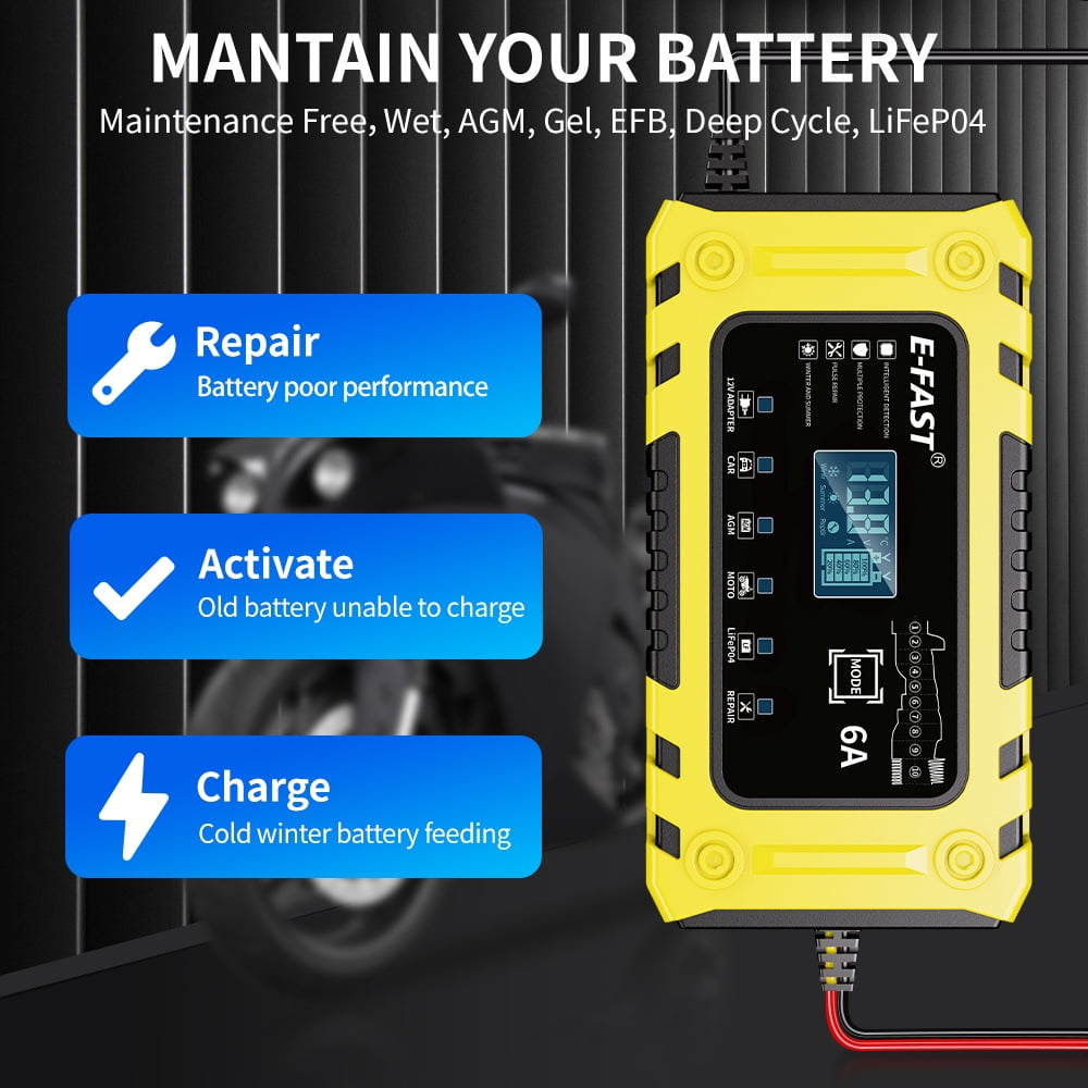 Sentryse 6A Smart Car Battery Charger, Trickle Charger 12V Fully Automatic Battery Maintainer, Float Charger and Desulfator for Motorcycle, ATV, Lithium and Deep Cycle Batteries