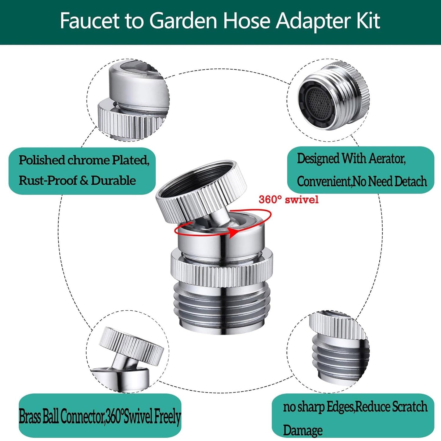 Sentryse Swivel Faucet Adapter Kit, Brass 3/4" Faucet to Garden Hose Adapter, Chrome Silver