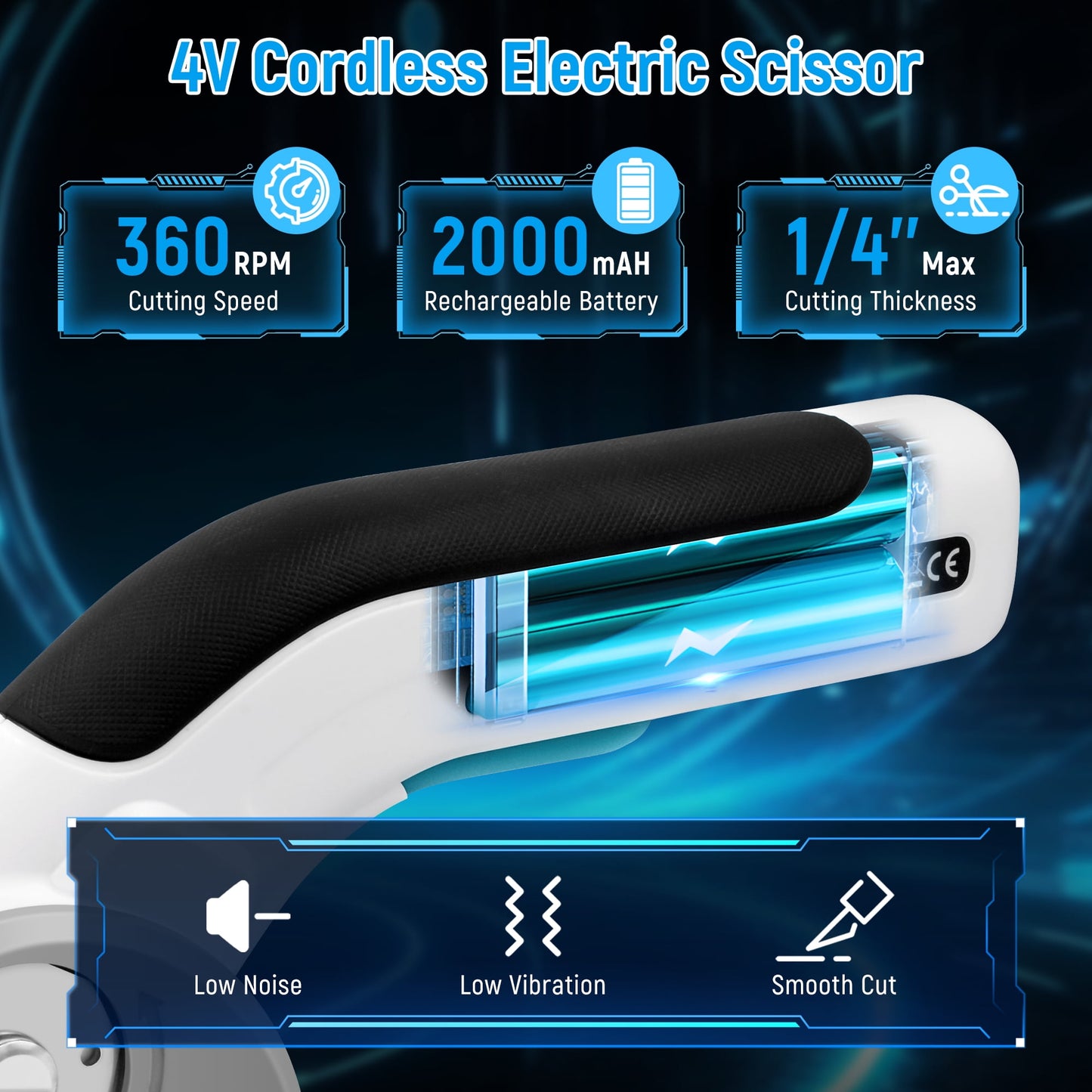 Tidymend Cordless Electric Scissors, 4V Rechargeable Cardboard Cutter with Tungsten Steel Replacement Blade, Rotary Cutter with Safety Lock for Fabric Carpet Leather Plastic Cutting (White)