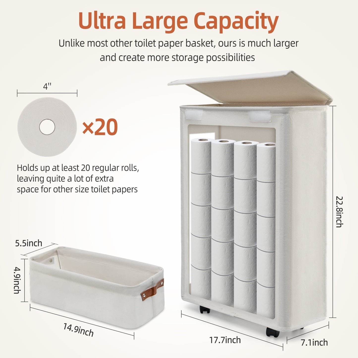 2-Piece Set Toilet Paper Storage Basket with Wheels, Extra Large Free Standing Paper Roll Basket for Home, Toilet Paper Containers for up to 20+ Regular Rolls (Beige)