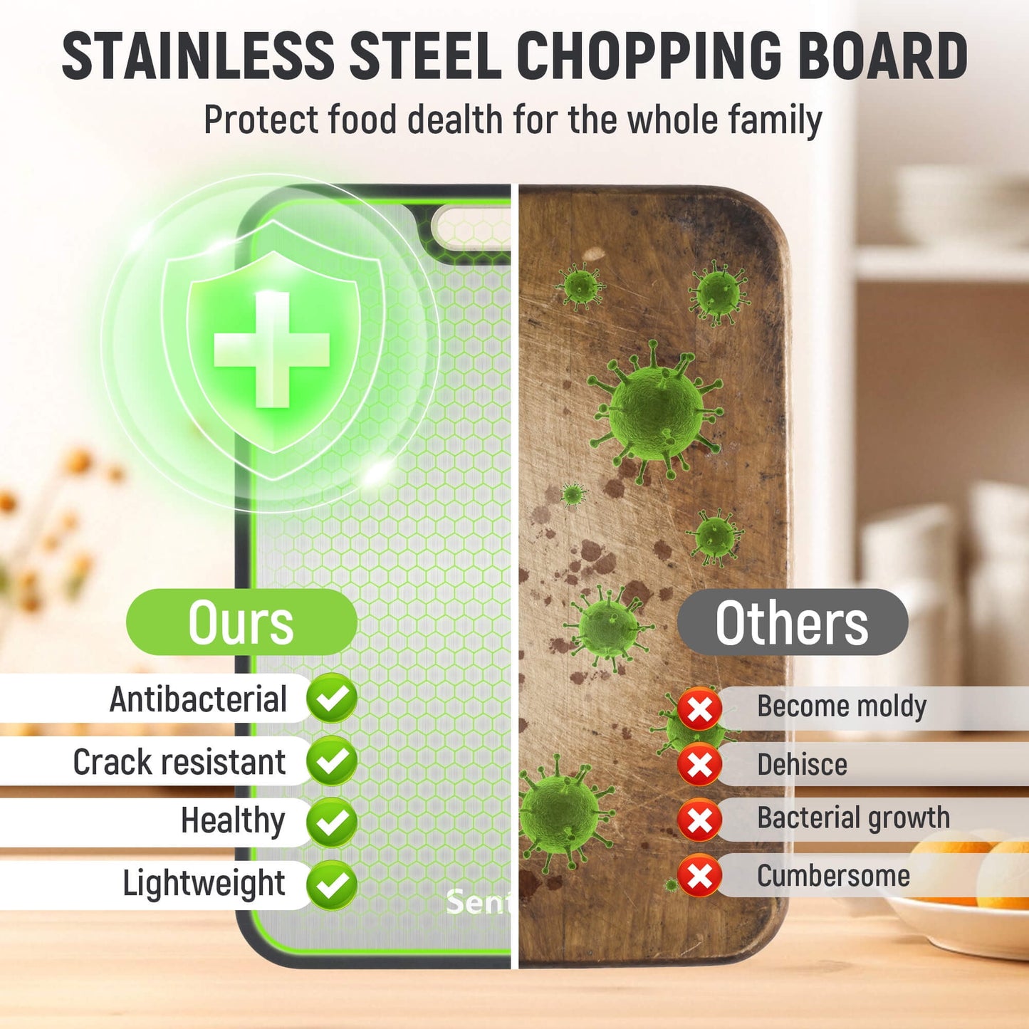 Sentryse Titanium Cutting Boards for Kitchen, Stainless Steel Cutting Board Double Sided Food Grade, Non Toxic Chopping Board Large 16'' x 11'', Dishwasher Safe, 1 Pack