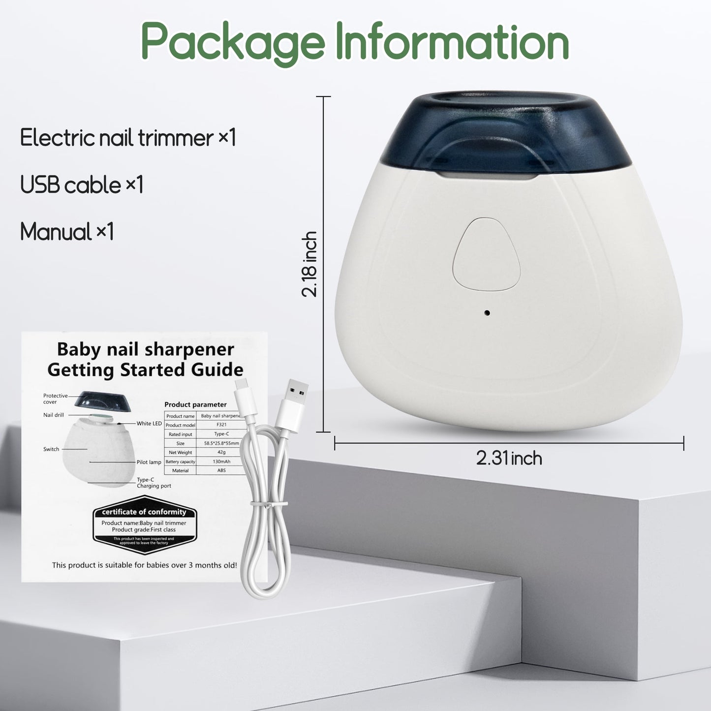 Baby Electric Nail Trimmer with LED Light, Adjustable Speed, Rechargeable Mini Baby Nail File, Baby Nail Clippers Safe for 3+ Months Old Babies (White)