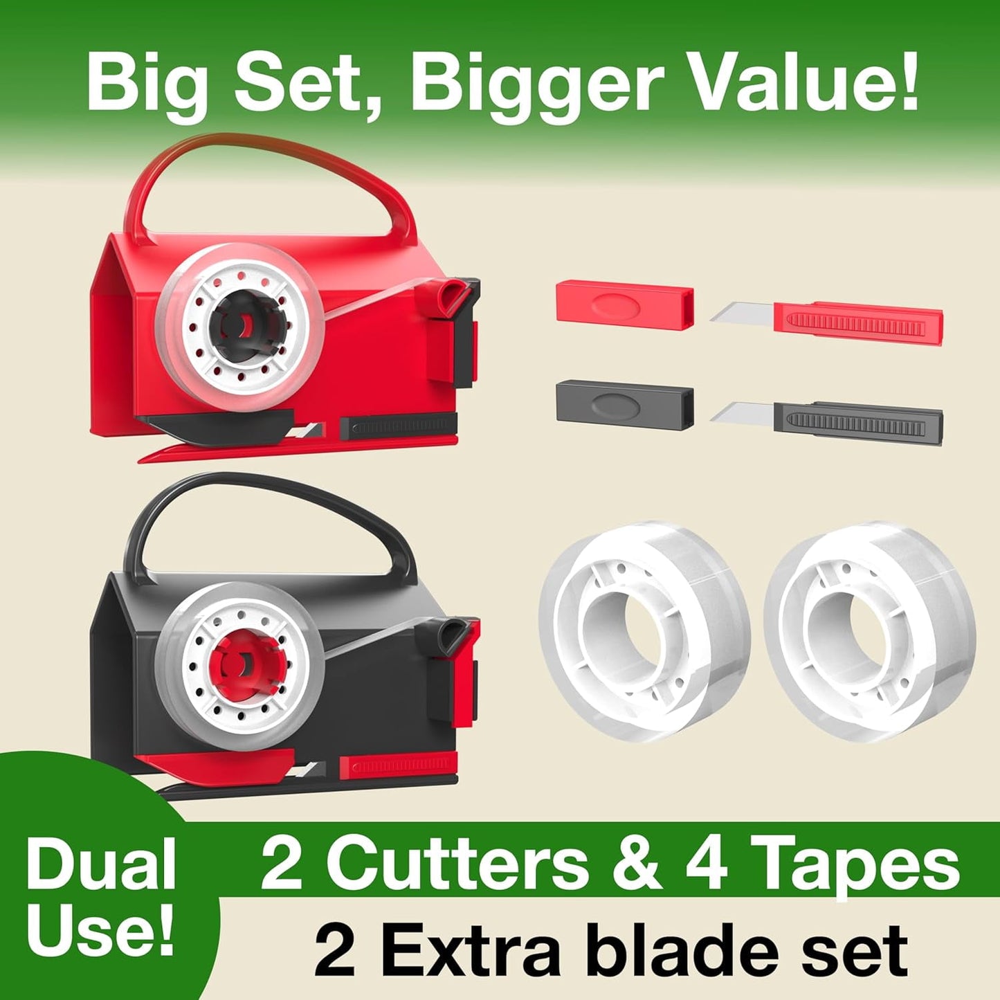 Sentryse (2-Pack) Wrapping Paper Cutter & Tape Dispenser Dual Use with 4 Tapes, 2 Replace Blades Kit, Gift Wrap Cutter Tool Paper Roll Holder Tube Sliding Slicing for Birthday Holiday