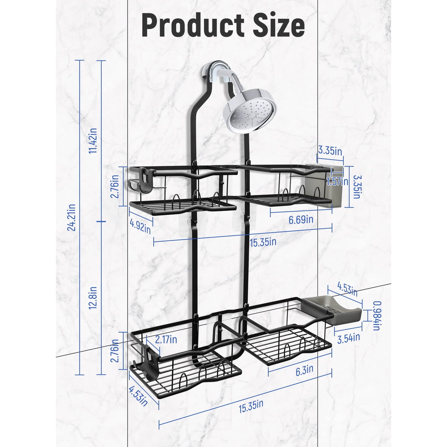 Sentryse Shower Caddy Hanging, Never Rust Shower Organizer, Over The Head Caddy with Hooks, Soap Holder, Toothbrush Holder, Razor Holder, No Drilling, Black