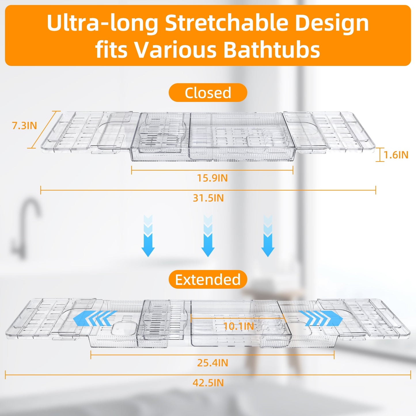 Expandable Acrylic Bath Caddy, Bath Shelf for Bathtubs, Bath Tray with Tablet Holder & Wine Glass Slot - Perfect for Luxury Bathroom Spa Experience
