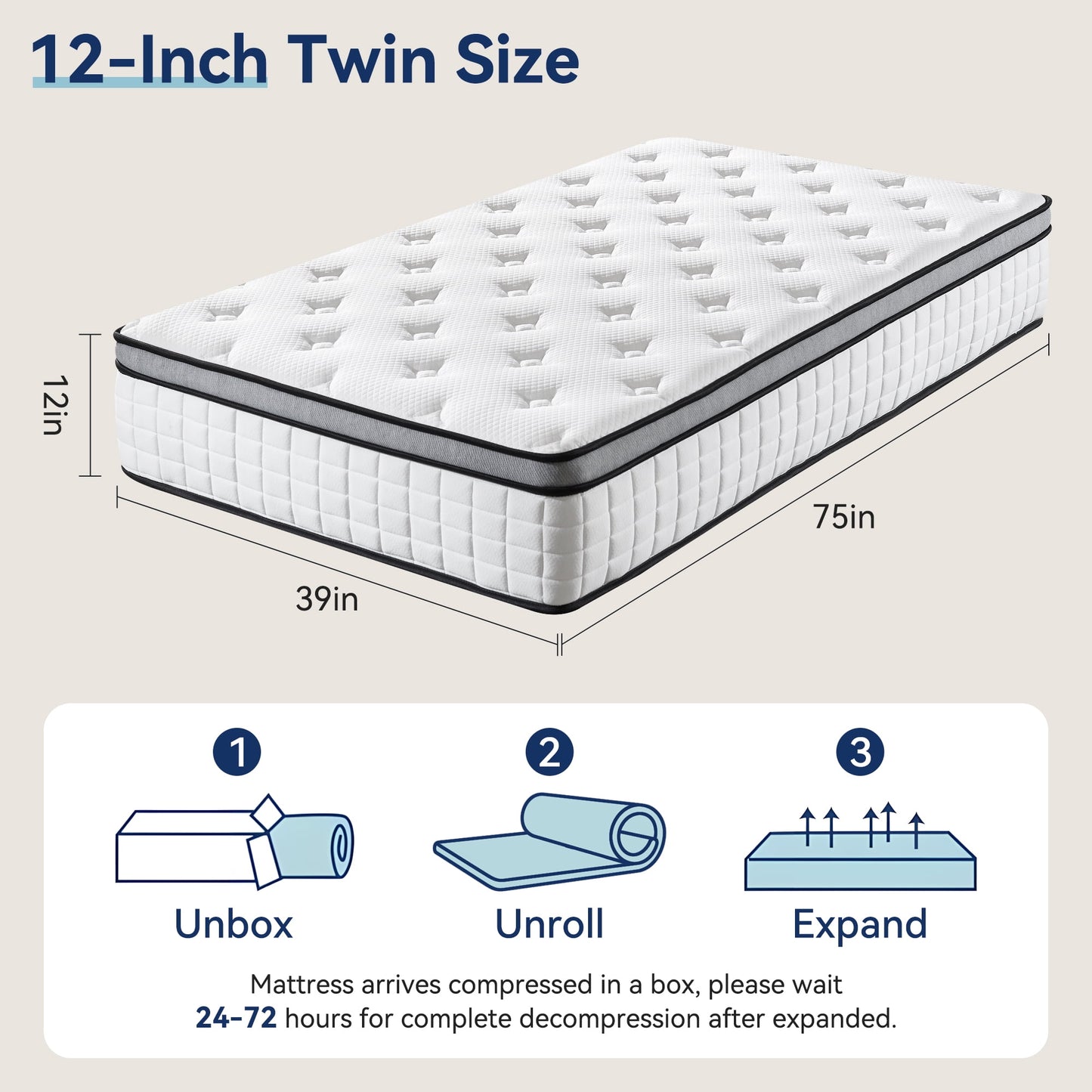 12" Twin Mattress, Euro Top Foam & Pocket Spring Hybrid Mattress in a Box, Plush Comfort, Pressure Relief and Motion Isolation