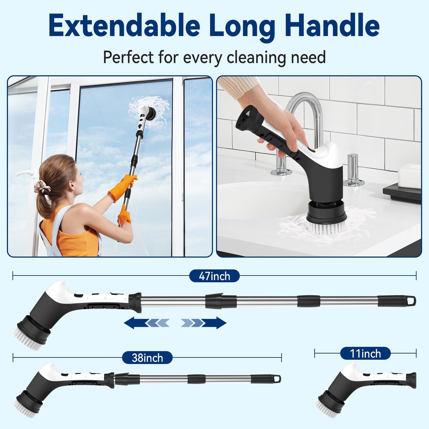 Electric Spin Scrubber, Extension Handle, 3 Speed Mode Power Electric Scrubber for Cleaning, Cordless Shower Cleaning Brush with 8 Brush Heads for Bathroom,Tub,Floor,Tile(Black-White)