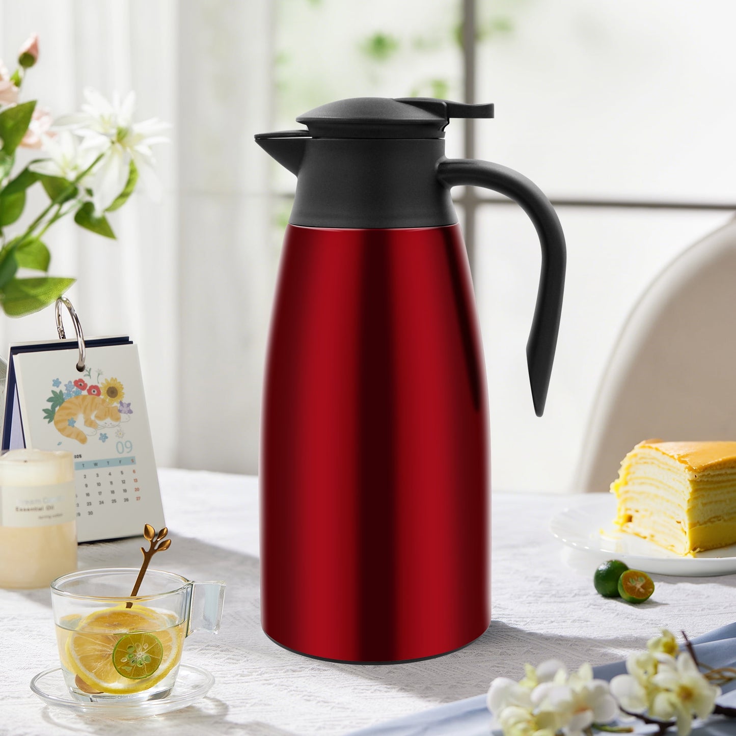 68oz Thermal Coffee Carafe, Stainless Steel Vacuum Insulated Coffee Thermos for Hot and Cold Beverage (Red）