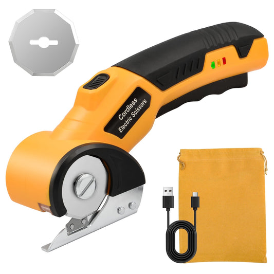 Cordless Electric Scissors, 4V Rechargeable Cardboard Cutter with LED Light ＆ Replacement Blade, Rotary Cutter with Safety Lock for Fabric Carpet Leather Plastic Cutting (Yellow)