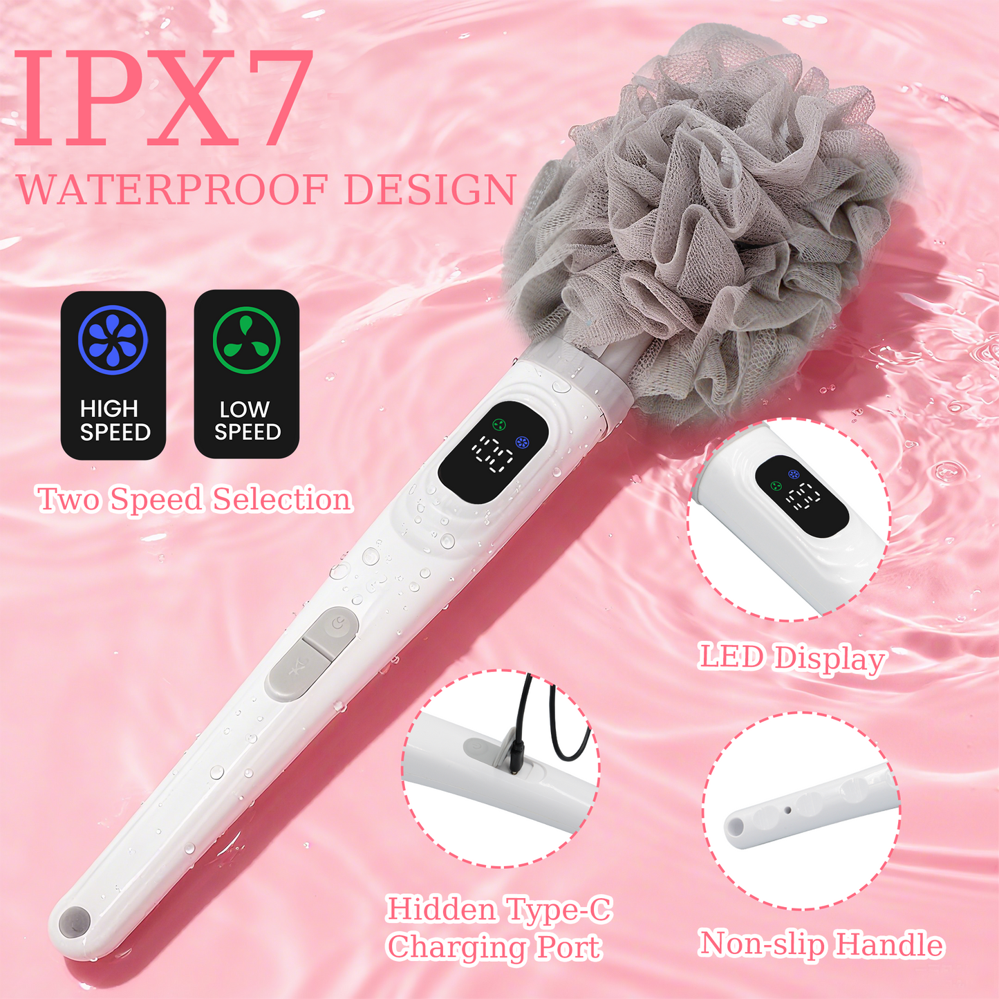 Sentryse Electric Back Scrubber for Shower, 3 in 1 Body Scrubber Loofah & African Net Sponge & Callus Remover, Long Handle & Waterproof Body Brush for Cleansing, Exfoliating