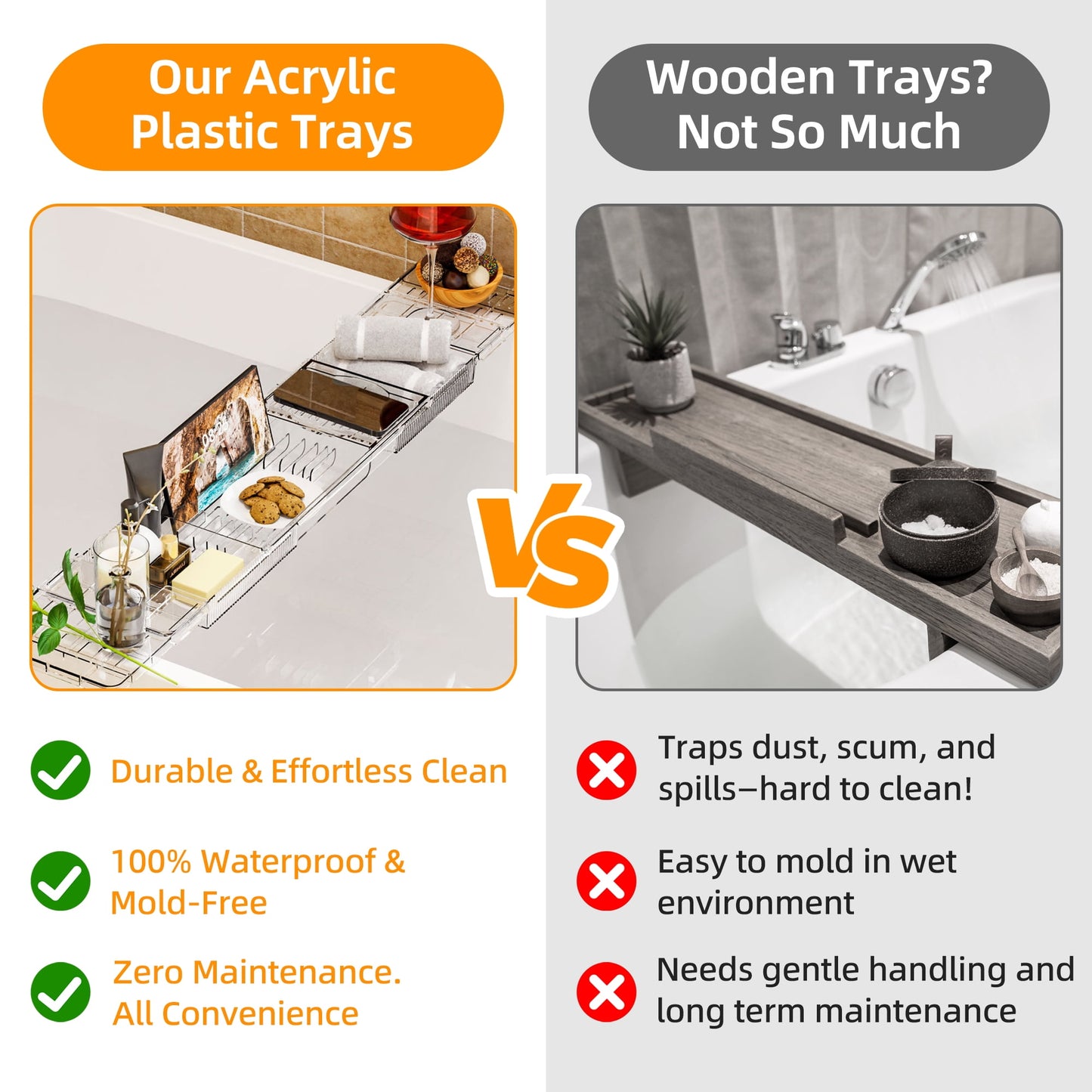 Expandable Acrylic Bath Caddy, Bath Shelf for Bathtubs, Bath Tray with Tablet Holder & Wine Glass Slot - Perfect for Luxury Bathroom Spa Experience