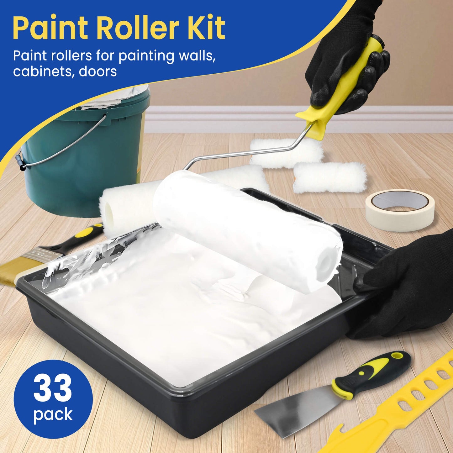 Sentryse Paint Roller Kit, 33 Pcs Paint Rollers with Extension Pole, Roller Paint Brush for Painting Walls