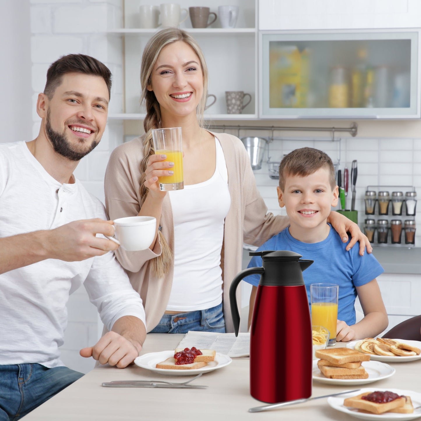 68oz Thermal Coffee Carafe, Stainless Steel Vacuum Insulated Coffee Thermos for Hot and Cold Beverage (Red）