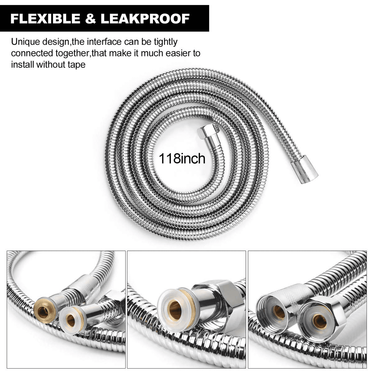 Sentryse Shower Hose Extra Long 118", Chrome Handheld Shower Head Hose with Brass Insert and Nut