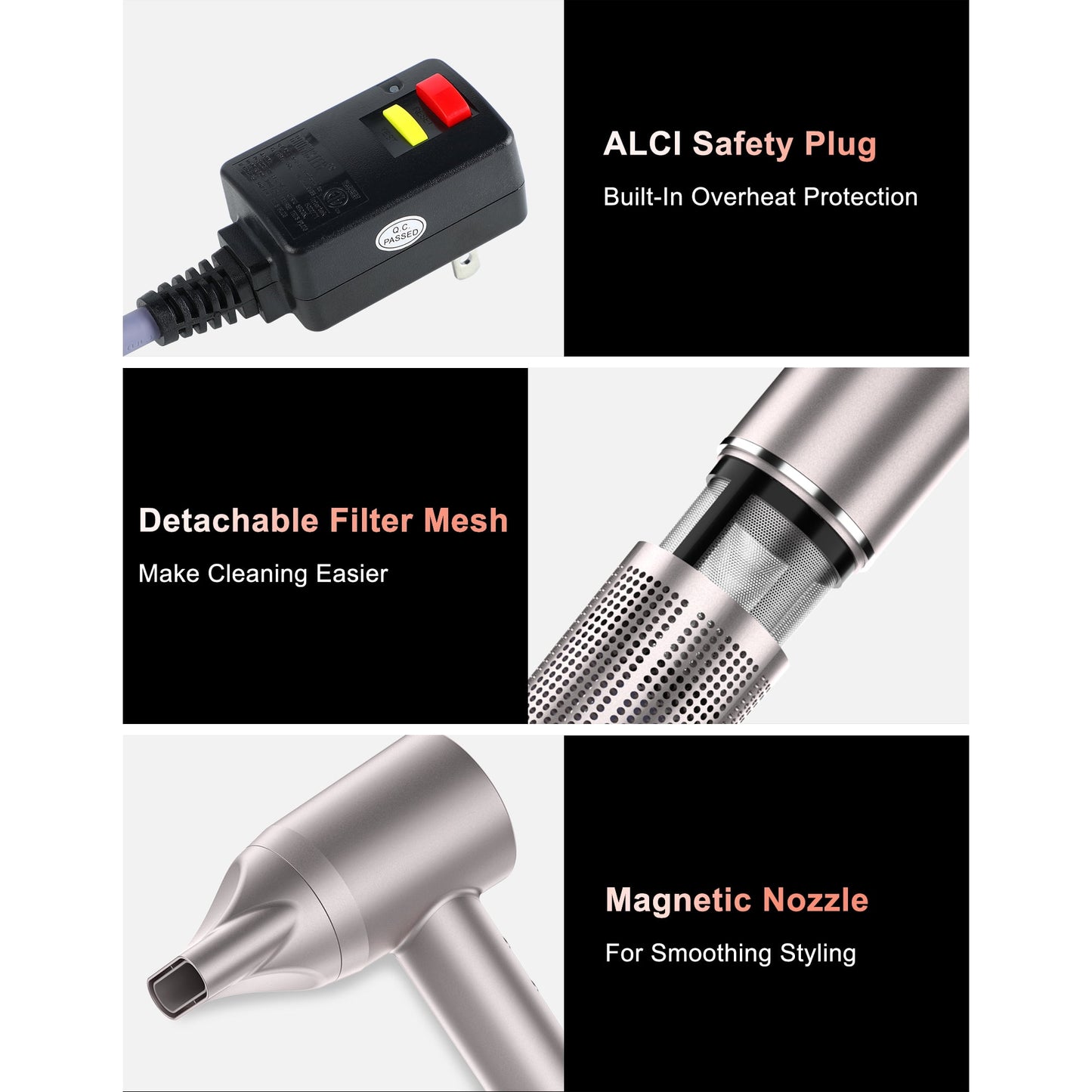 Professional Ionic Hair Dryer with Nozzle, 110000RPM Fast Drying Blow Dryer, 2-speed and 4-Heat Settings, Low Noise and Portable Design for Home and Travel