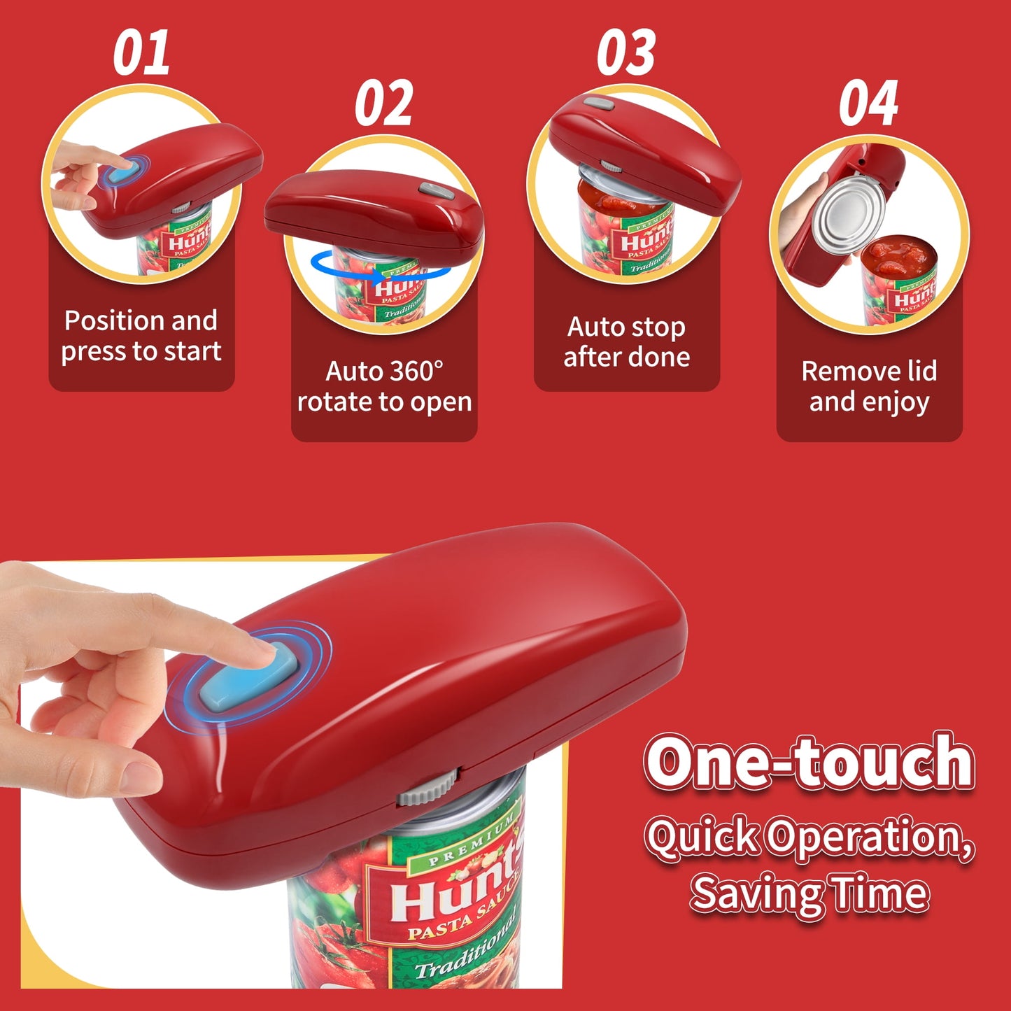 Sentryse Electric Can Opener, One-Touch, Hands-Free Automatic Can Openers for Kitchen, Smooth Edge Safe for Food Prep, Fits All Round Cans (Red)