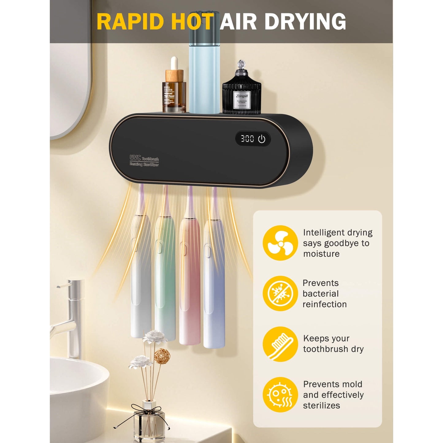 Sentryse Toothbrush Holders for Bathrooms, Rechargeable UV Toothbrush Sanitizer Holder, Wall Mounted 4 Slot, 1 Pack