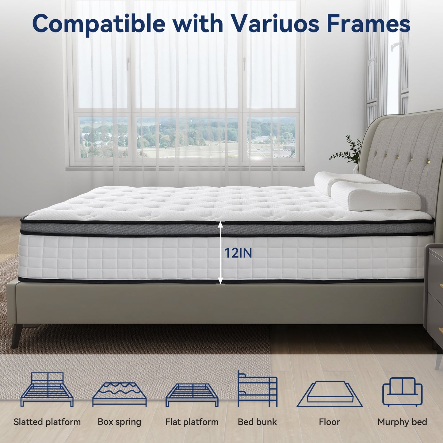 12" Queen Mattress, Euro Top Foam & Pocket Spring Hybrid Mattress in a Box, Plush Comfort, Pressure Relief and Motion Isolation