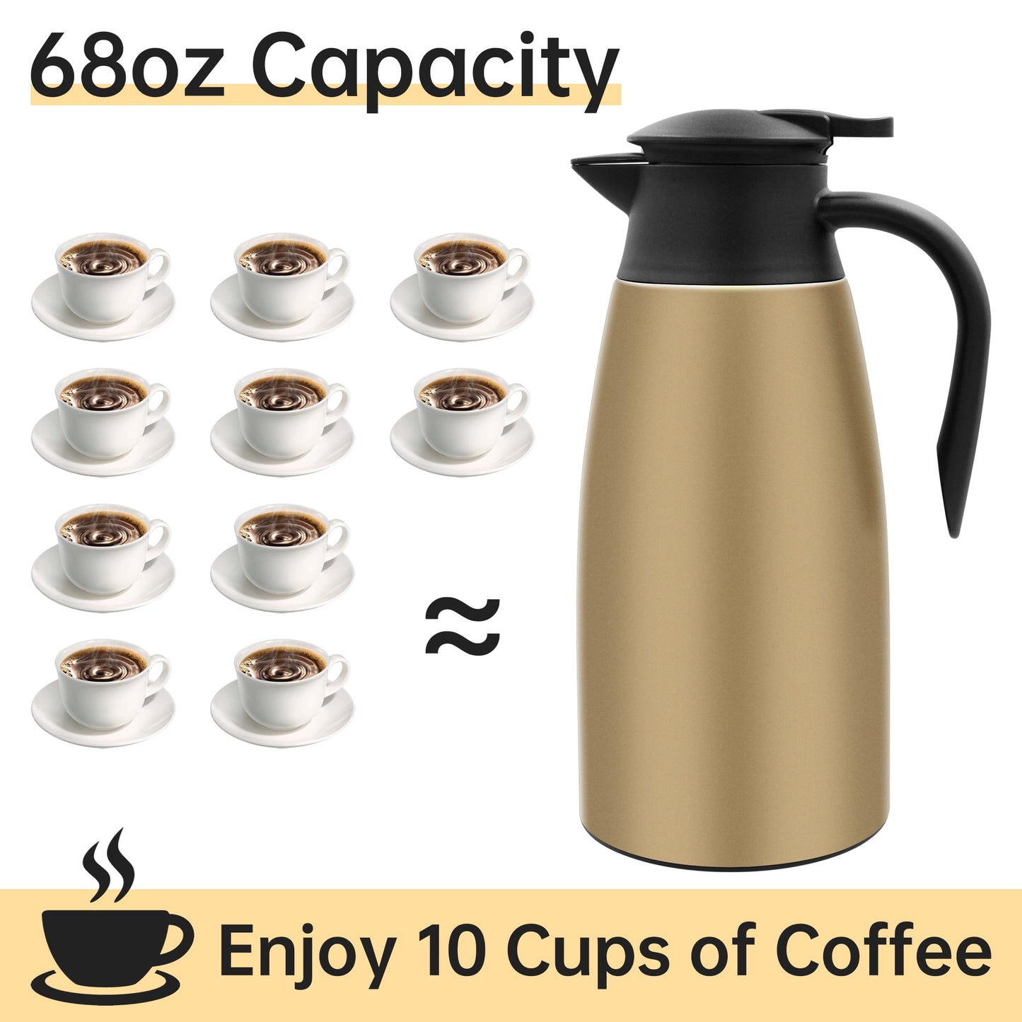 68oz Thermal Coffee Carafe, Stainless Steel Vacuum Insulated Coffee Thermos for Hot and Cold Beverage (Gold）